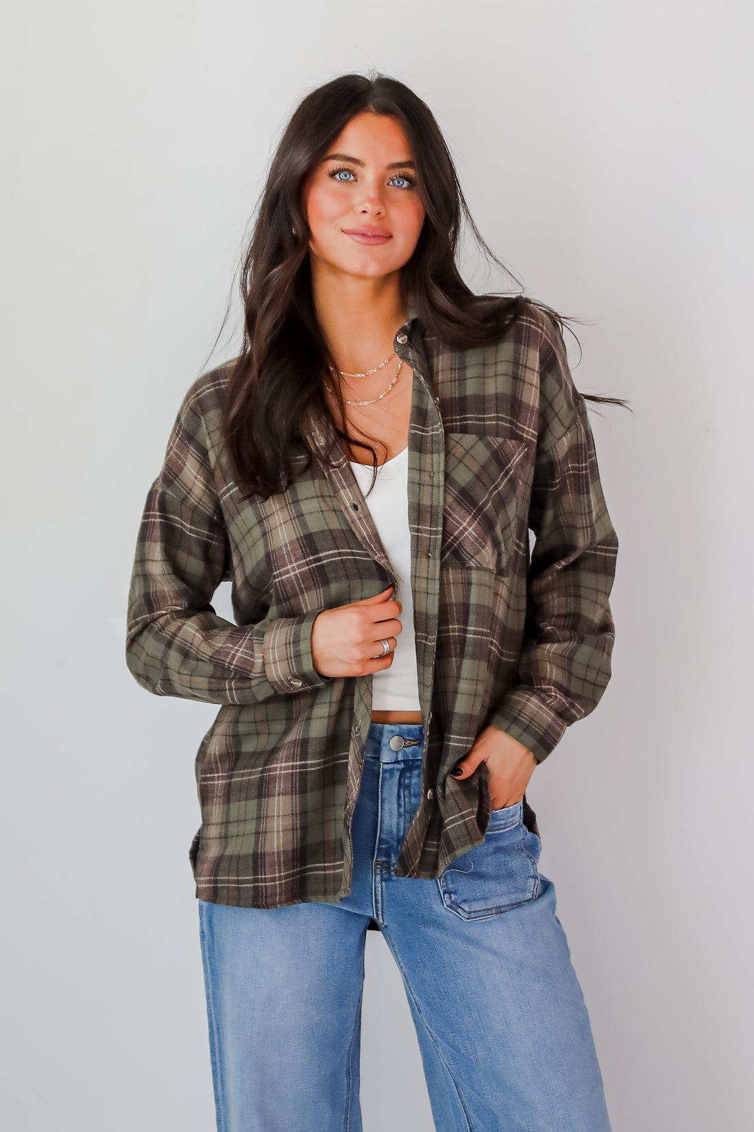 Significantly Chic Light Olive Plaid Flannel