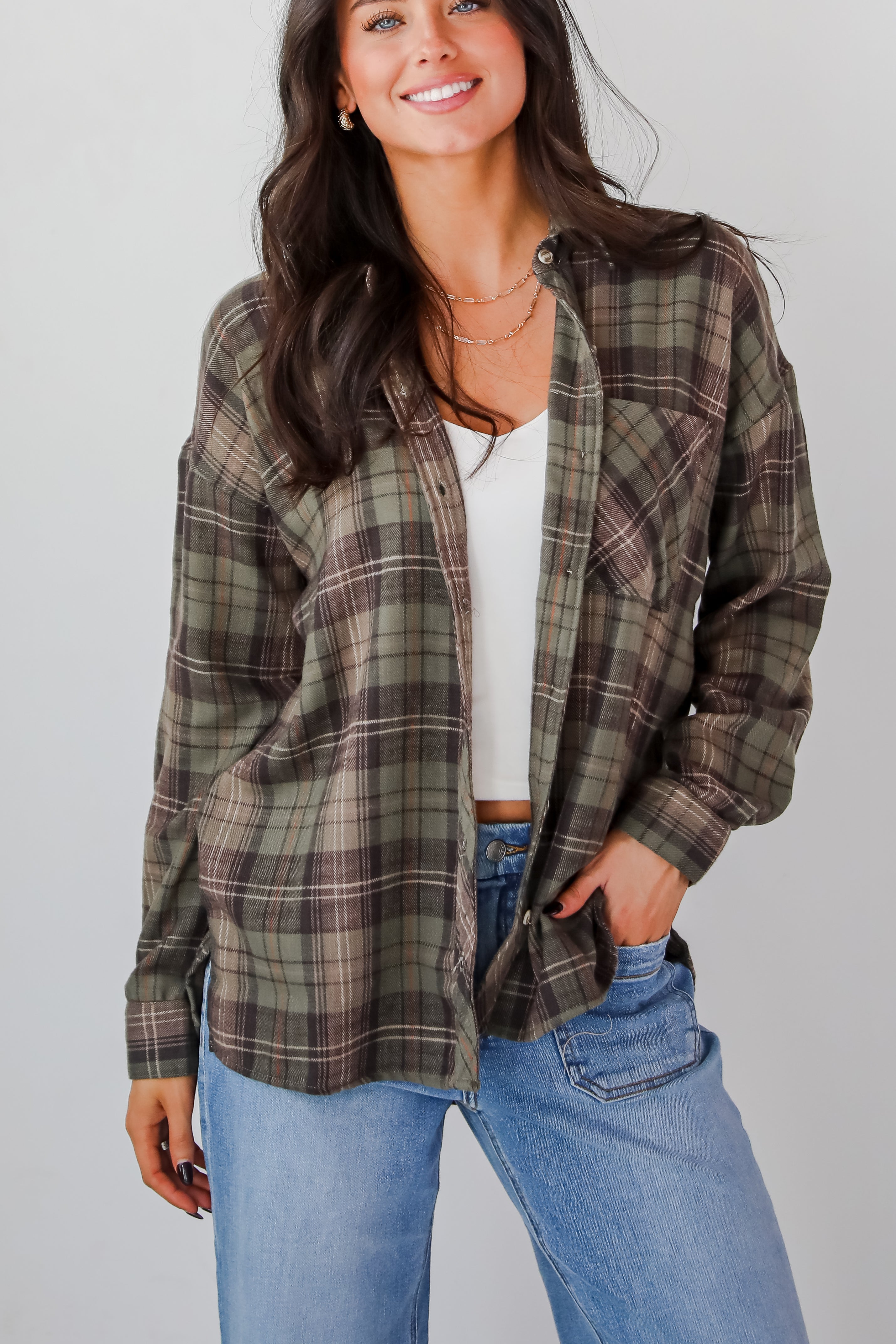 Significantly Chic Light Olive Plaid Flannel