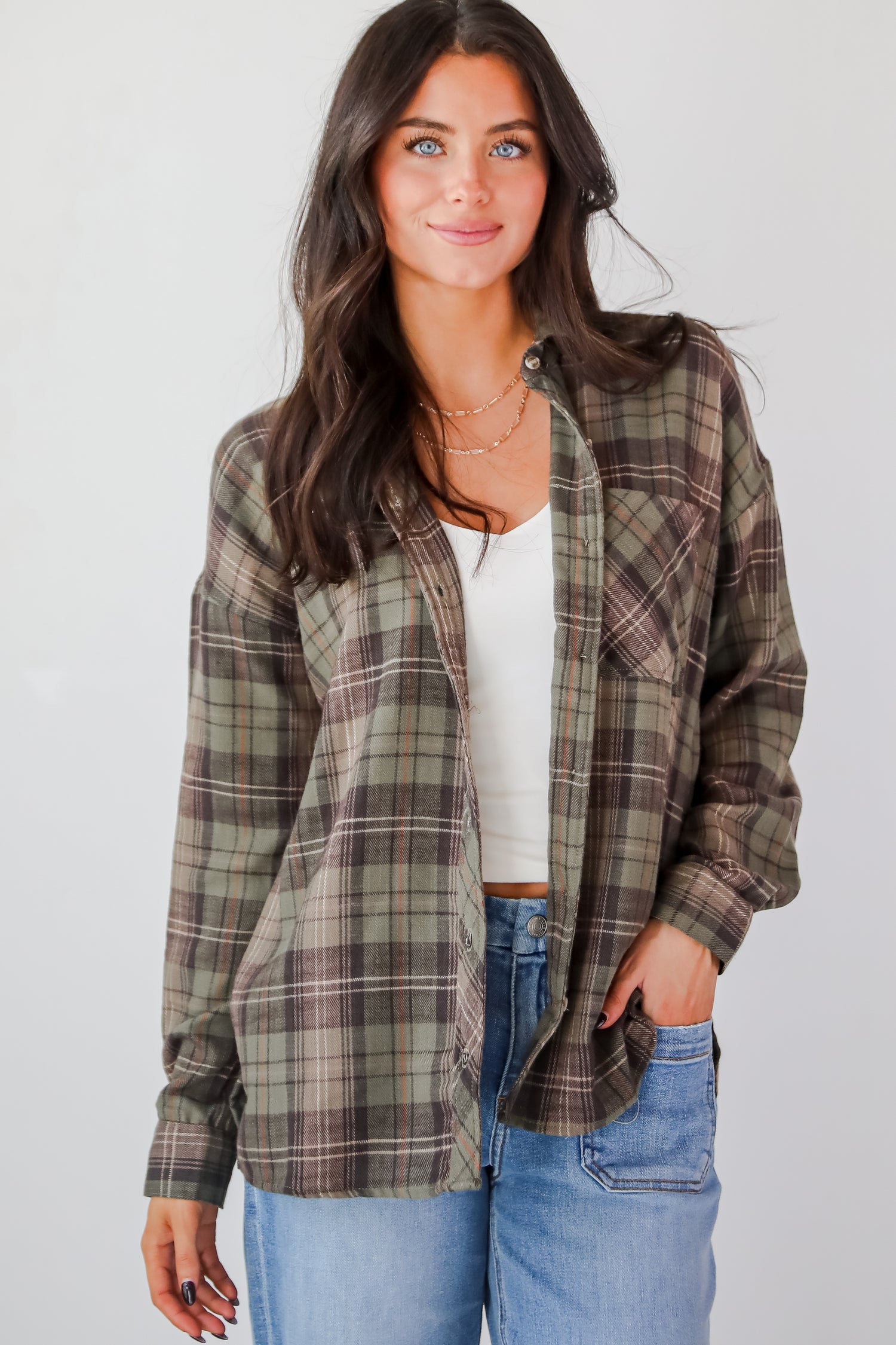 Significantly Chic Light Olive Plaid Flannel