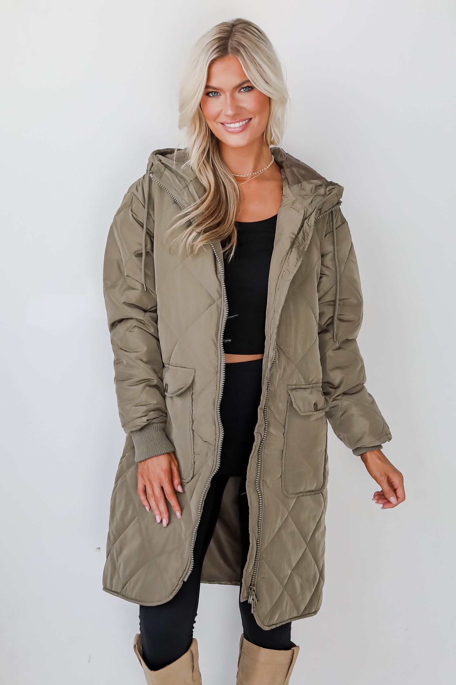 Elevated Season Olive Quilted Longline Hooded Jacket