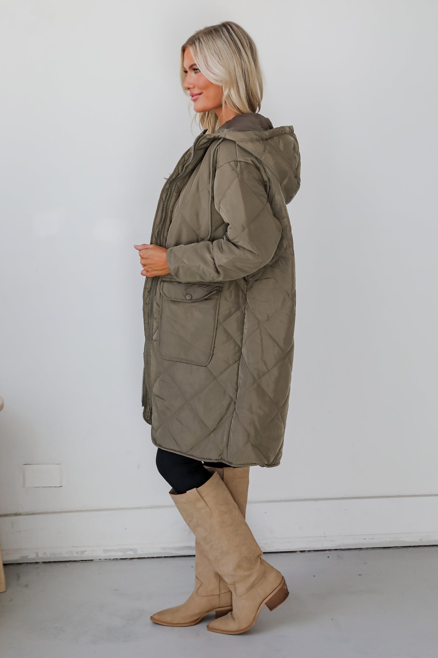 Elevated Season Olive Quilted Longline Hooded Jacket