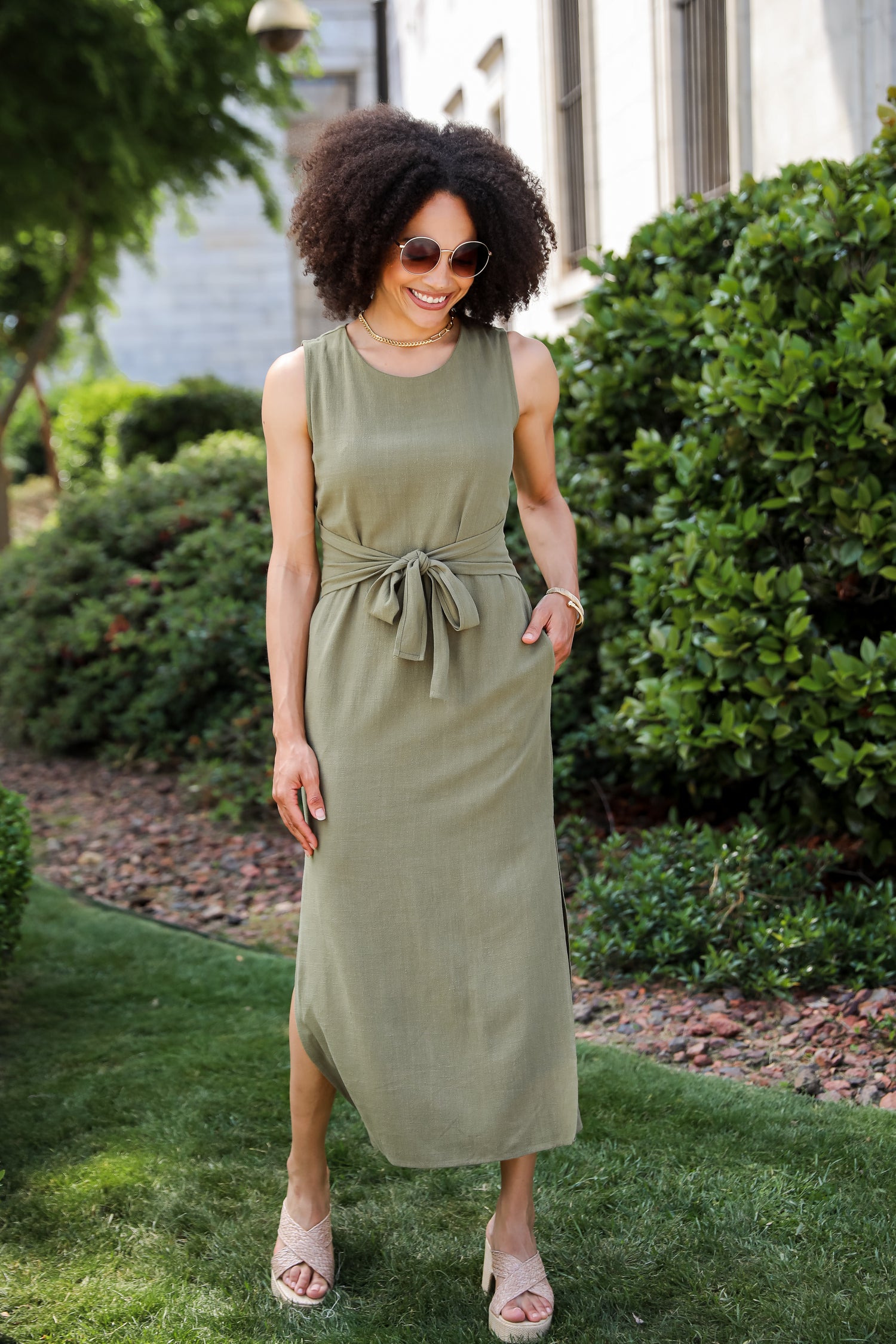 Olive Linen Tie-Front Maxi Dress