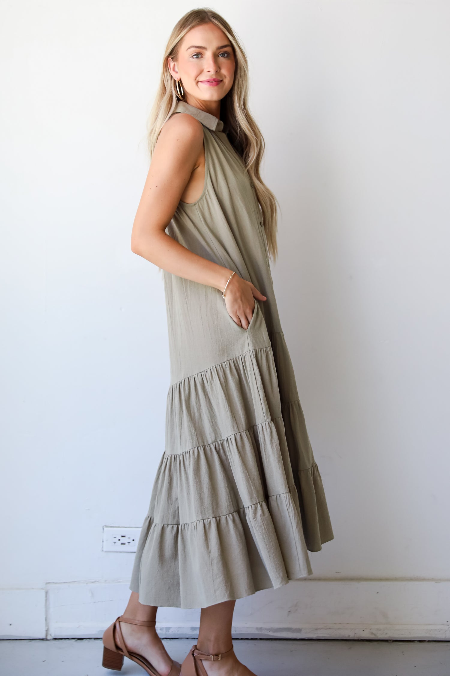 Sweet Destiny Light Olive Tiered Midi Dress