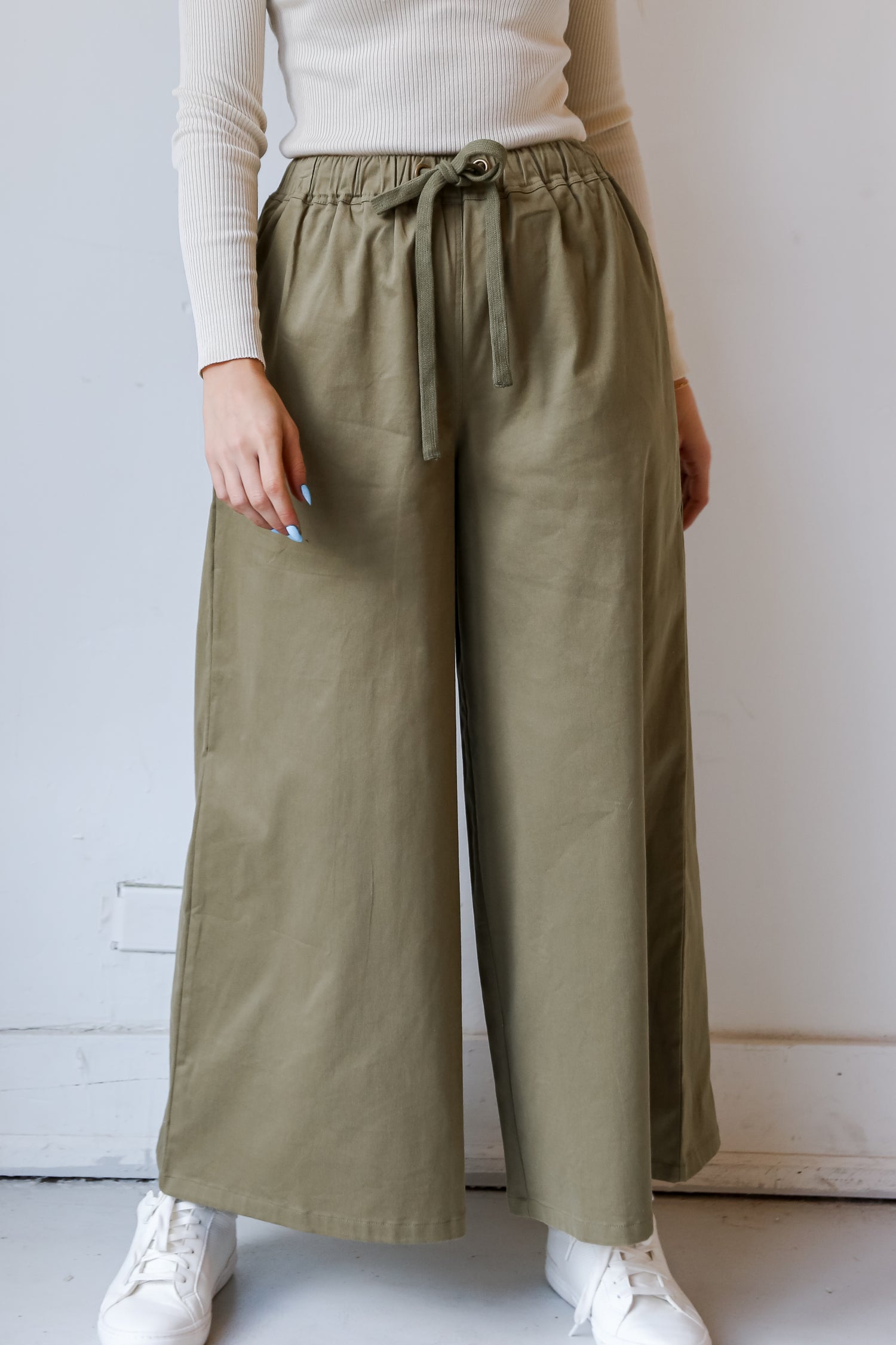 Olive Wide Leg Pants close up