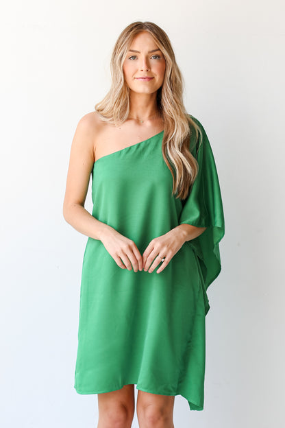 green One-Shoulder Mini Dress on model. Boutique Dresses. Online Dresses