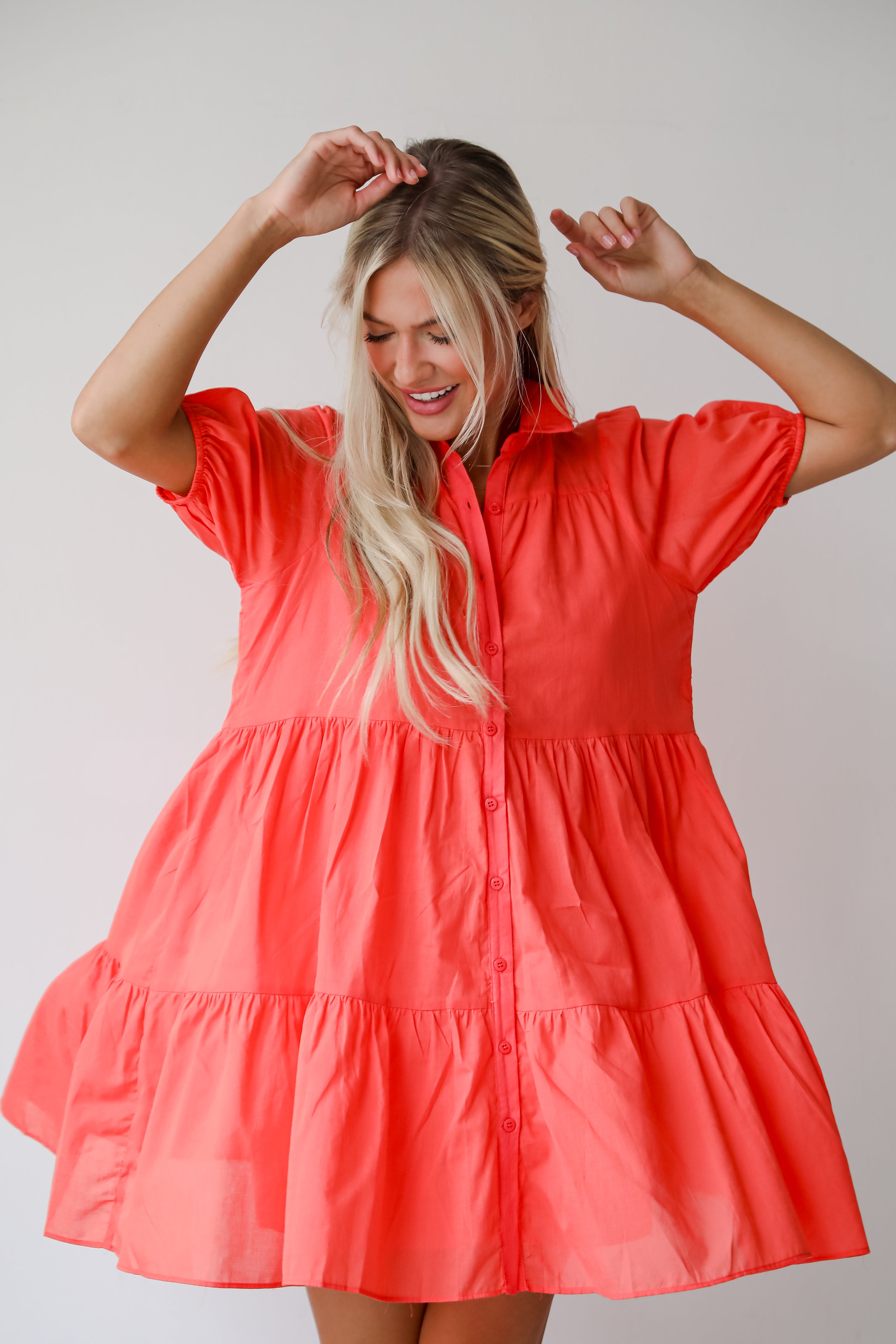 Sunshine Chic Coral Tiered Mini Dress