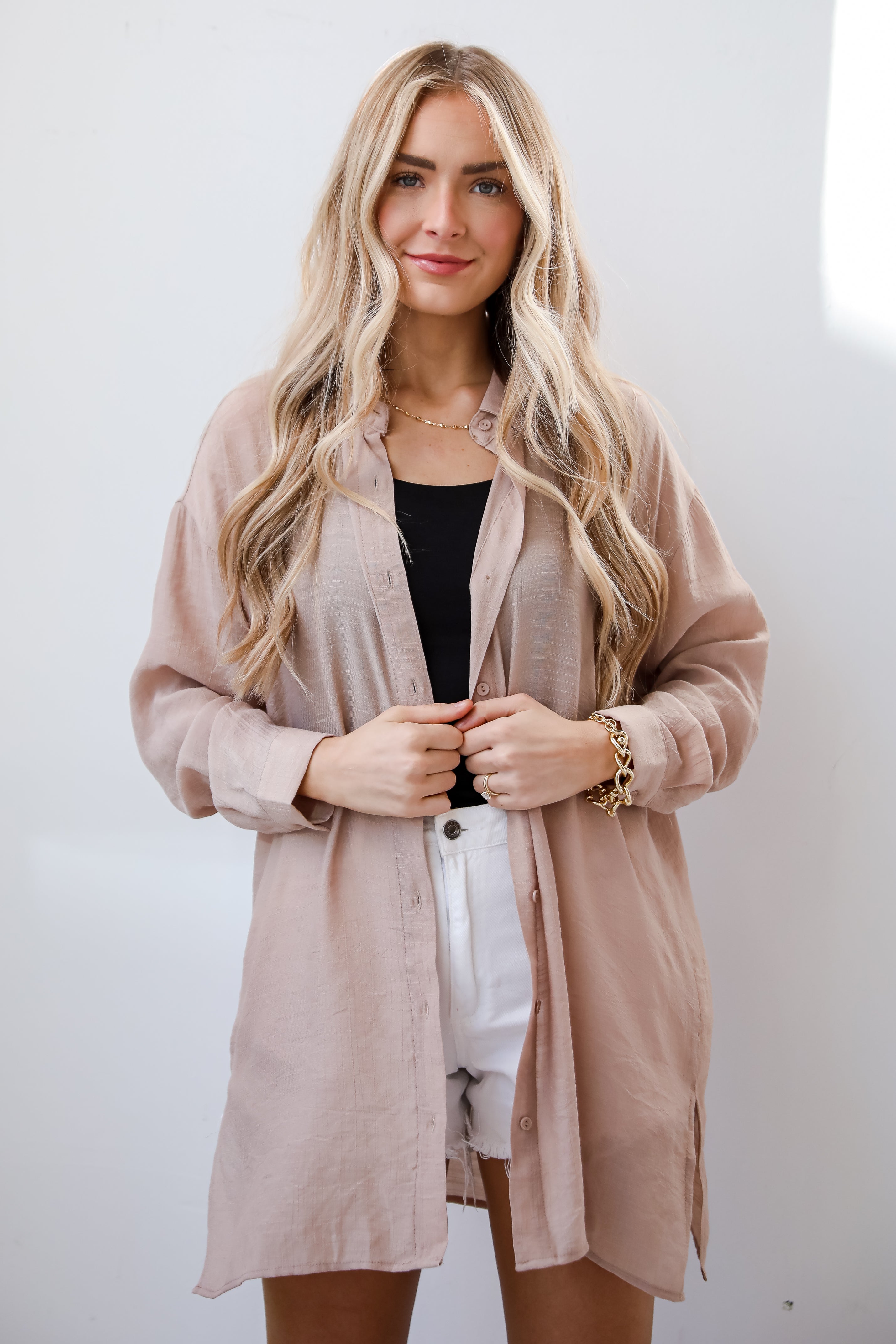 taupe Oversized Button-Up Blouse for women