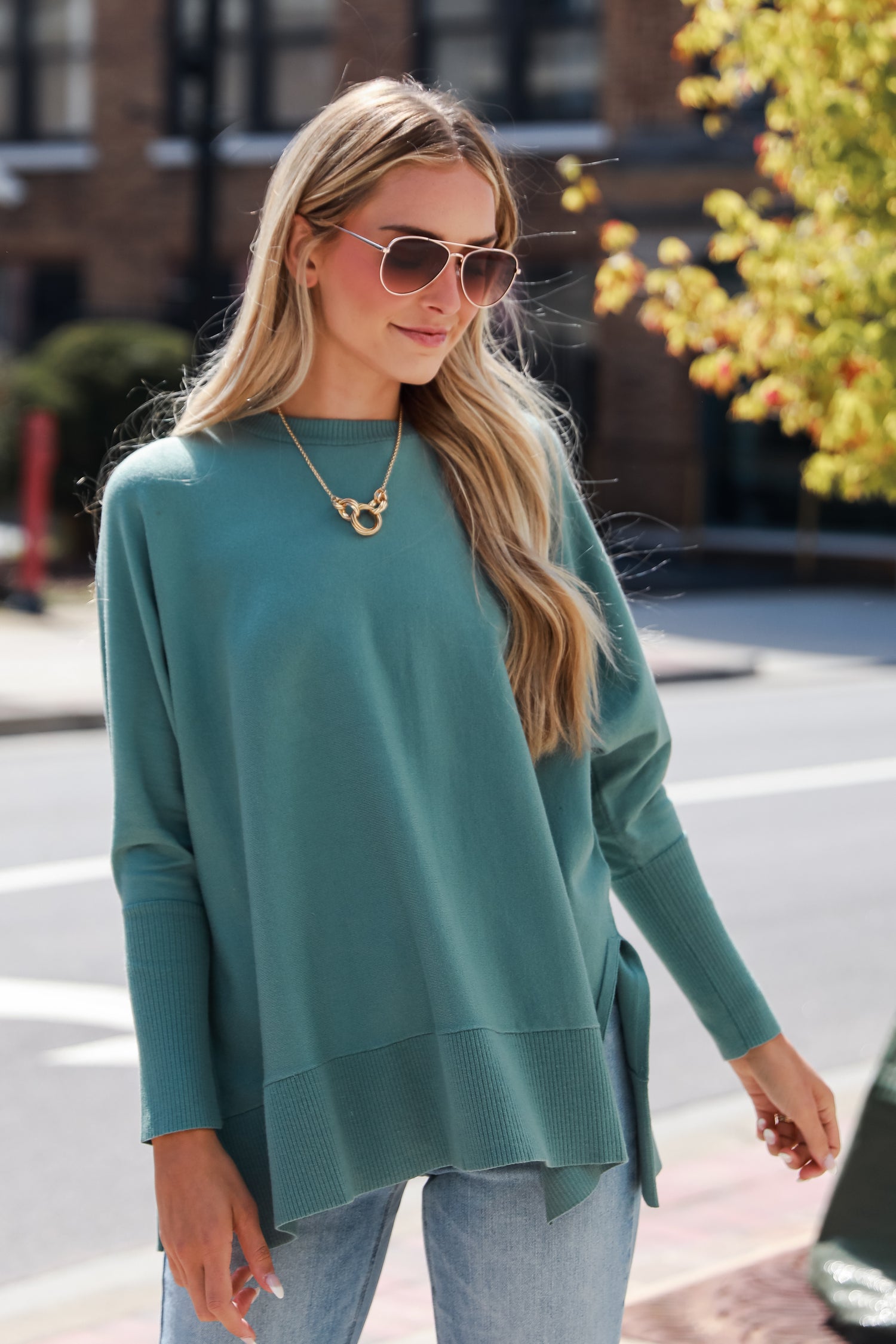 sage Lightweight Knit Sweater on model