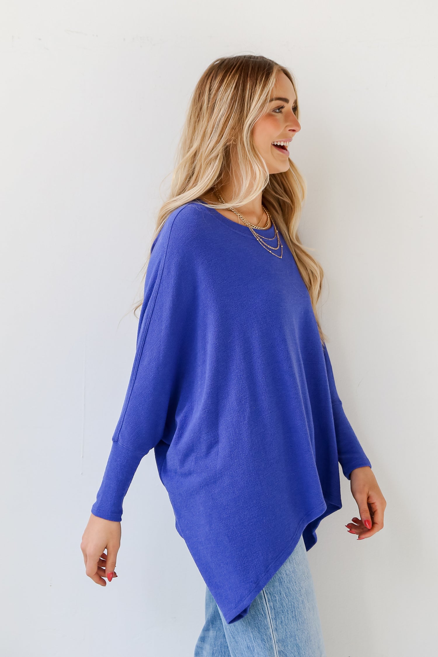 blue Lightweight Knit Oversized Top side view