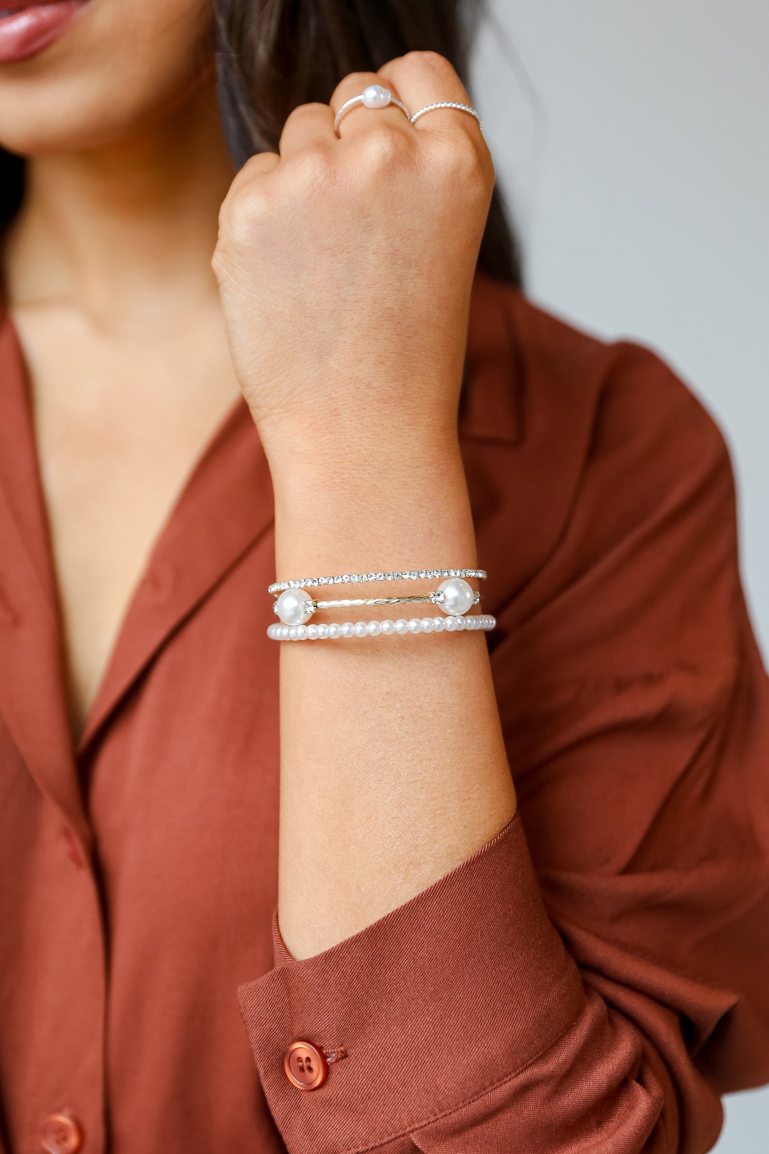 Gold Pearl + Rhinestone Bracelet Set on model