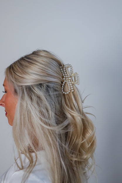 Bejeweled Beauty Rhinestone + Pearl Bow Claw Hair Clip