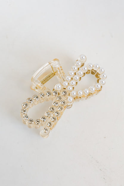 Bejeweled Beauty Rhinestone + Pearl Bow Claw Hair Clip