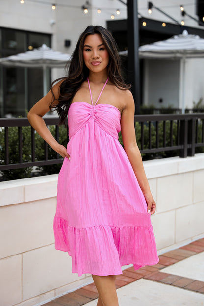 Sunny Serenity Pink Halter Midi Dress