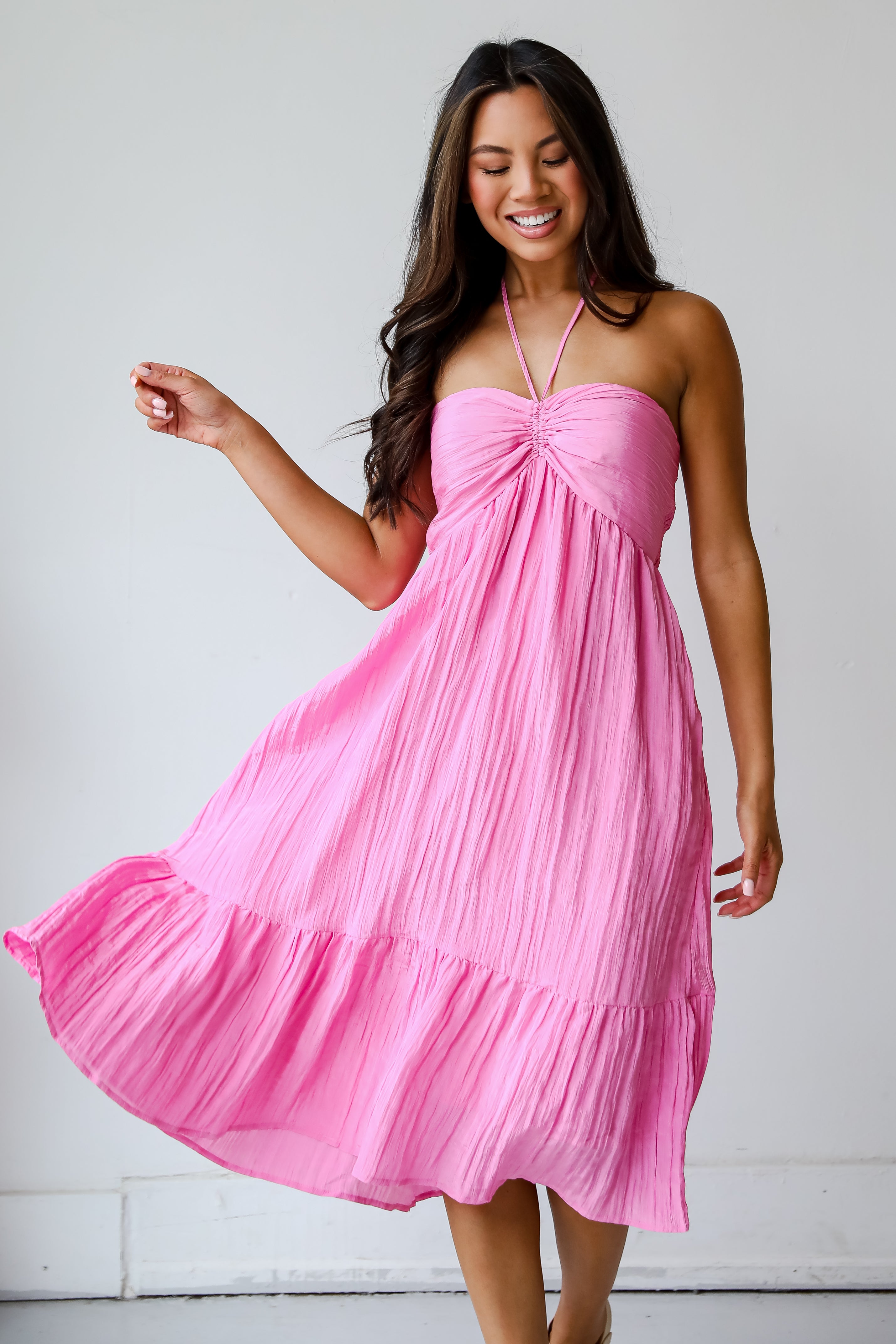 Sunny Serenity Pink Halter Midi Dress