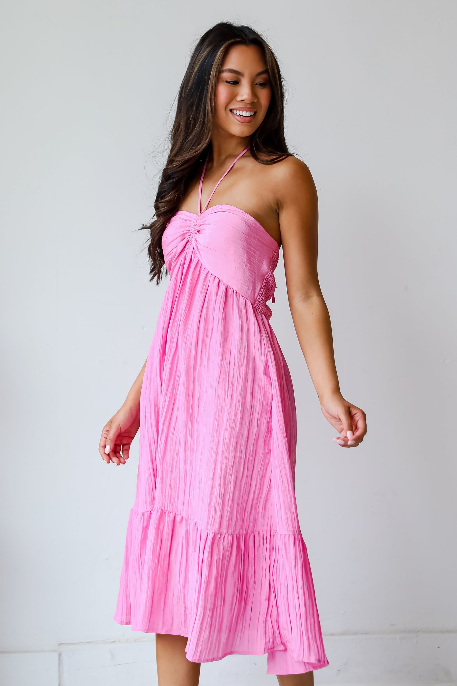 Sunny Serenity Pink Halter Midi Dress