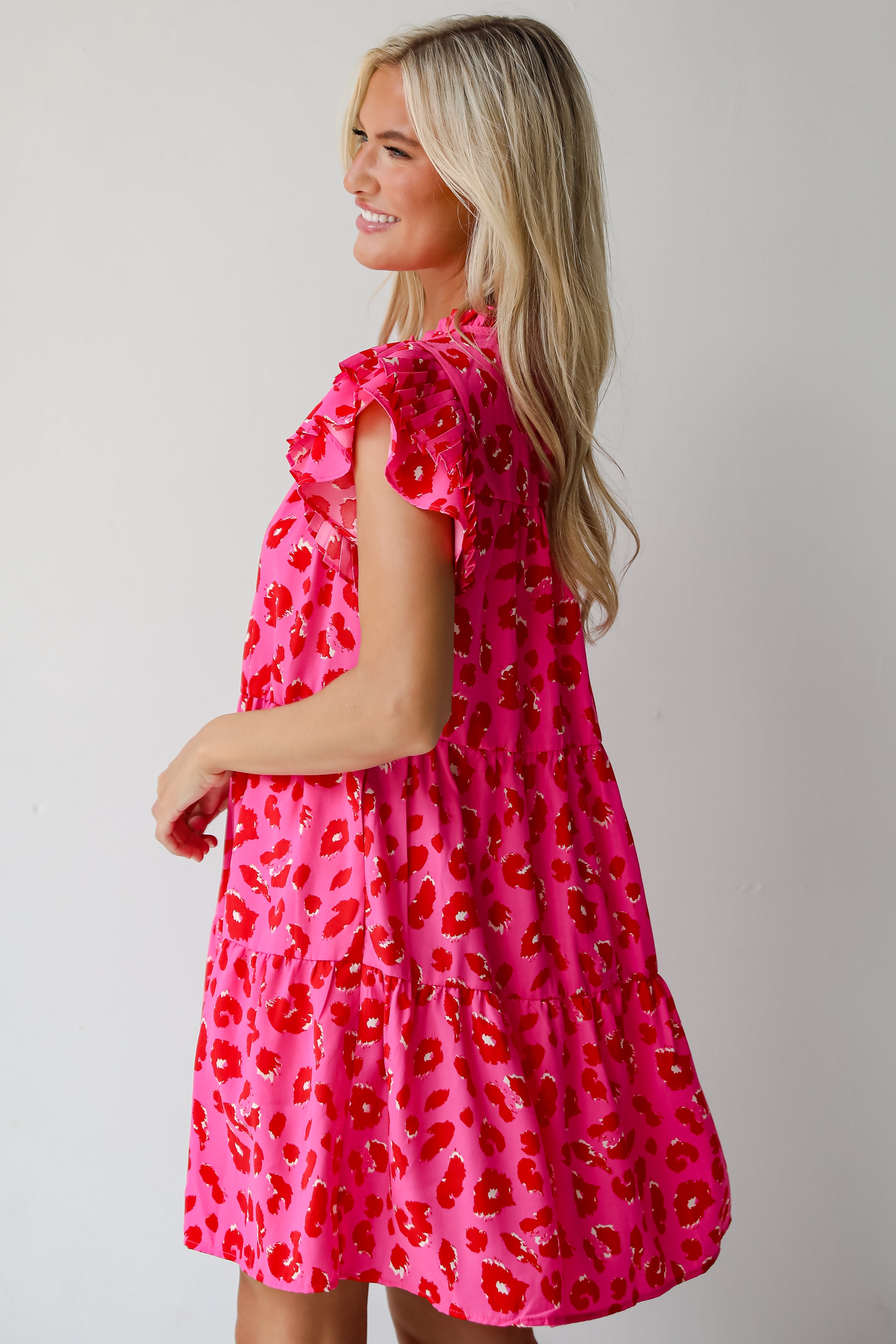 Latest Crush Hot Pink Leopard Tiered Mini Dress