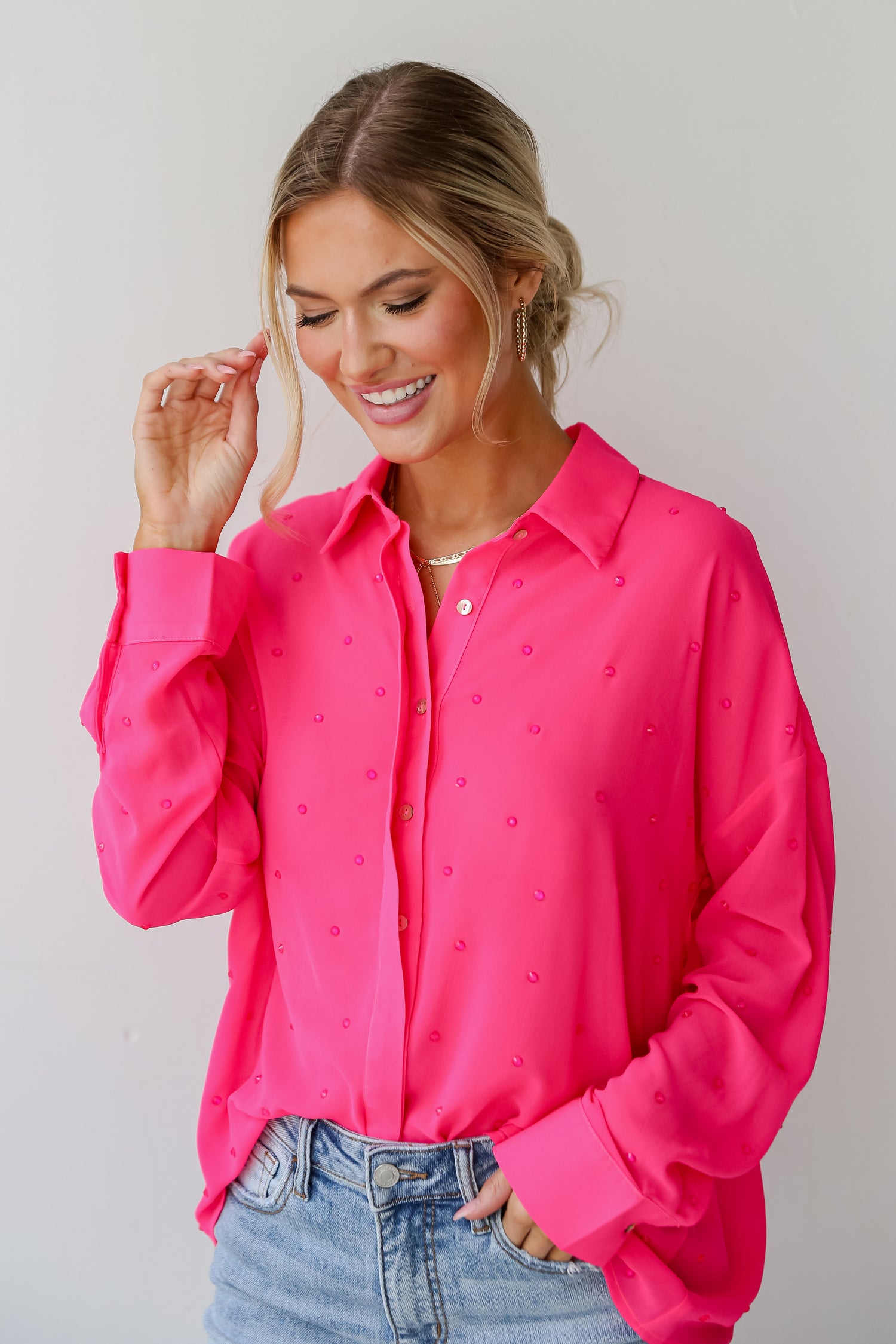 sparkly Fuchsia Rhinestone Button-Up Blouse