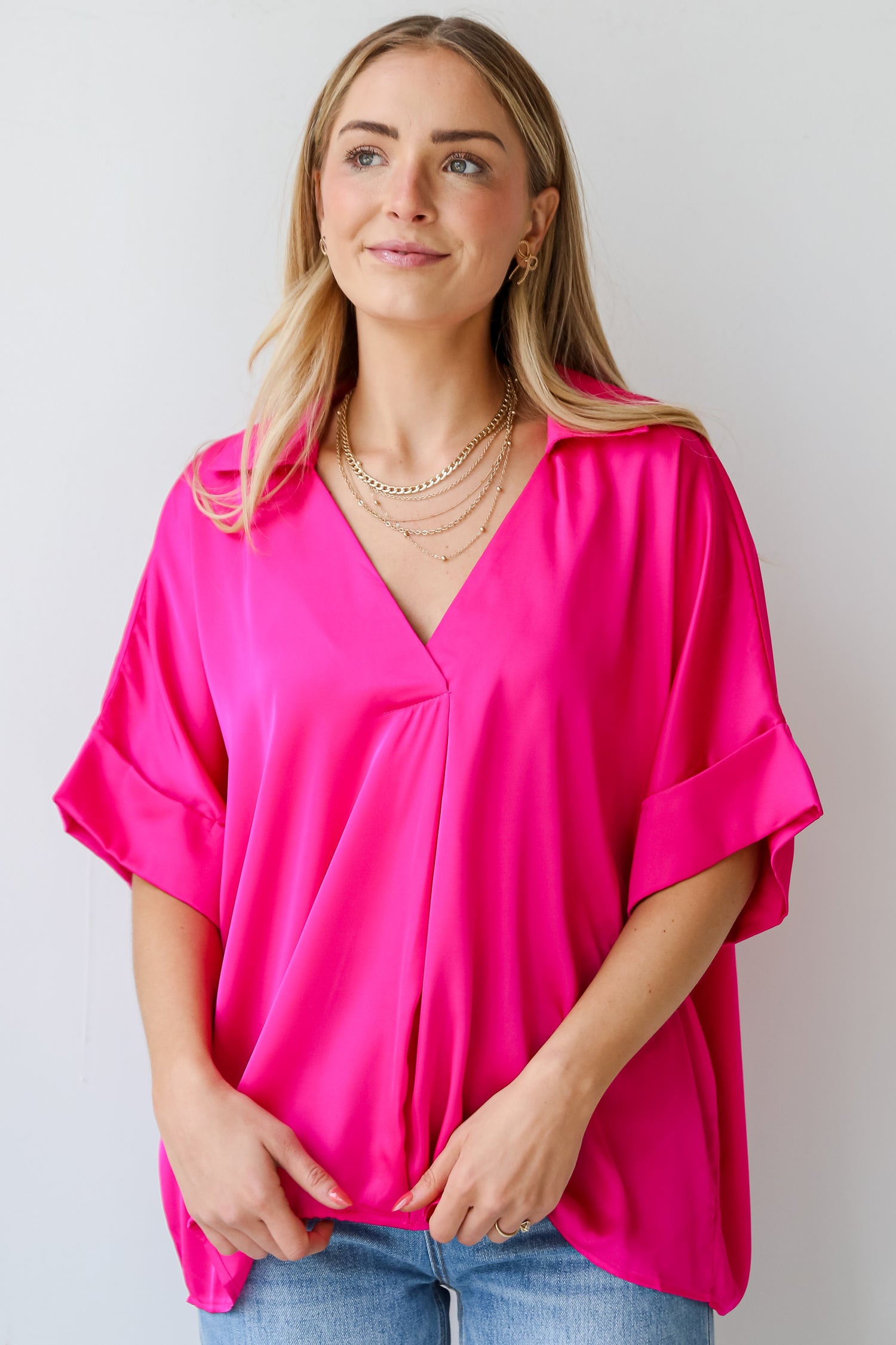 womens Hot Pink Satin Blouse