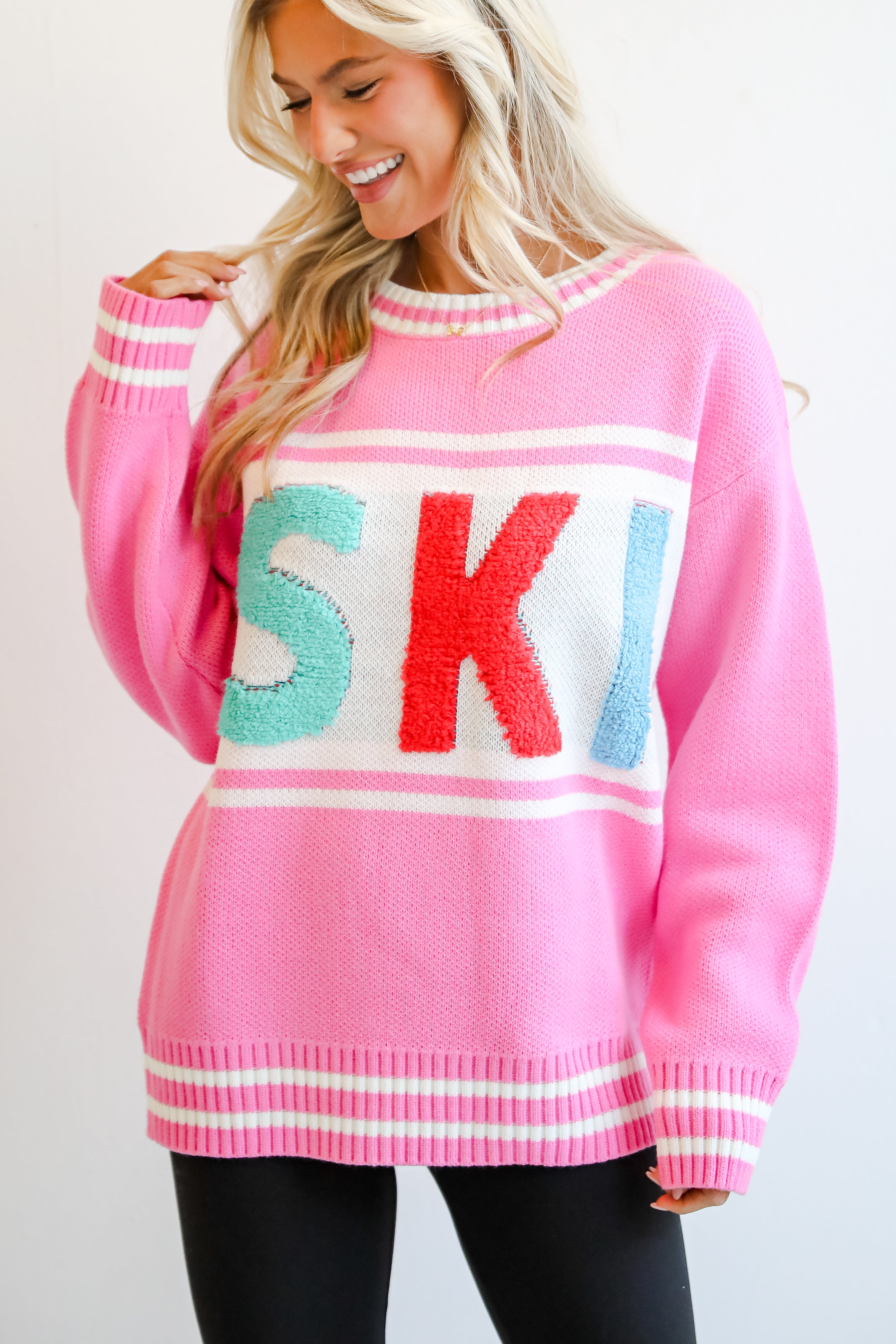 Found The Warmth Pink Ski Varsity Sweater