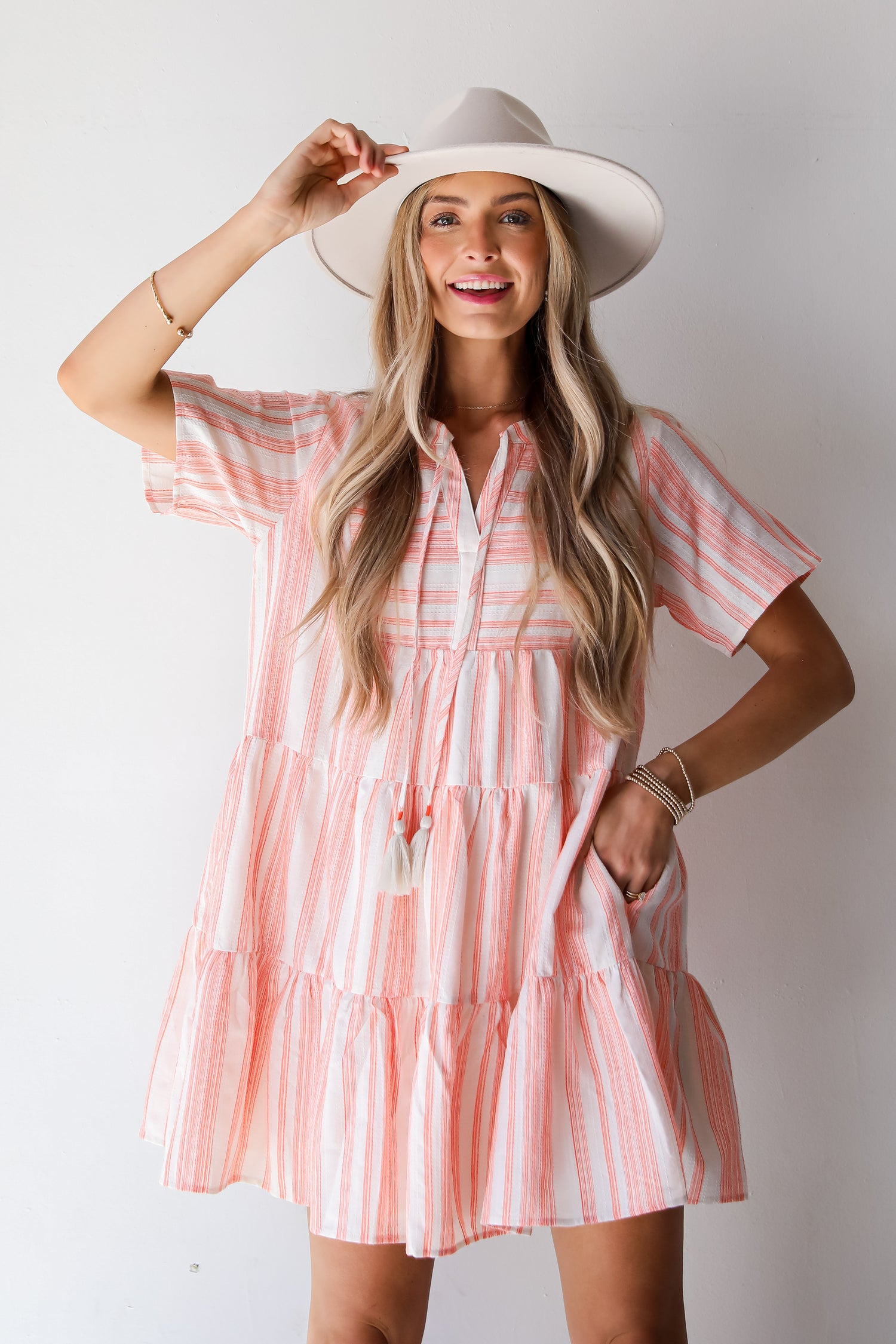 Sweet Tendencies Orange Striped Tiered Mini Dress