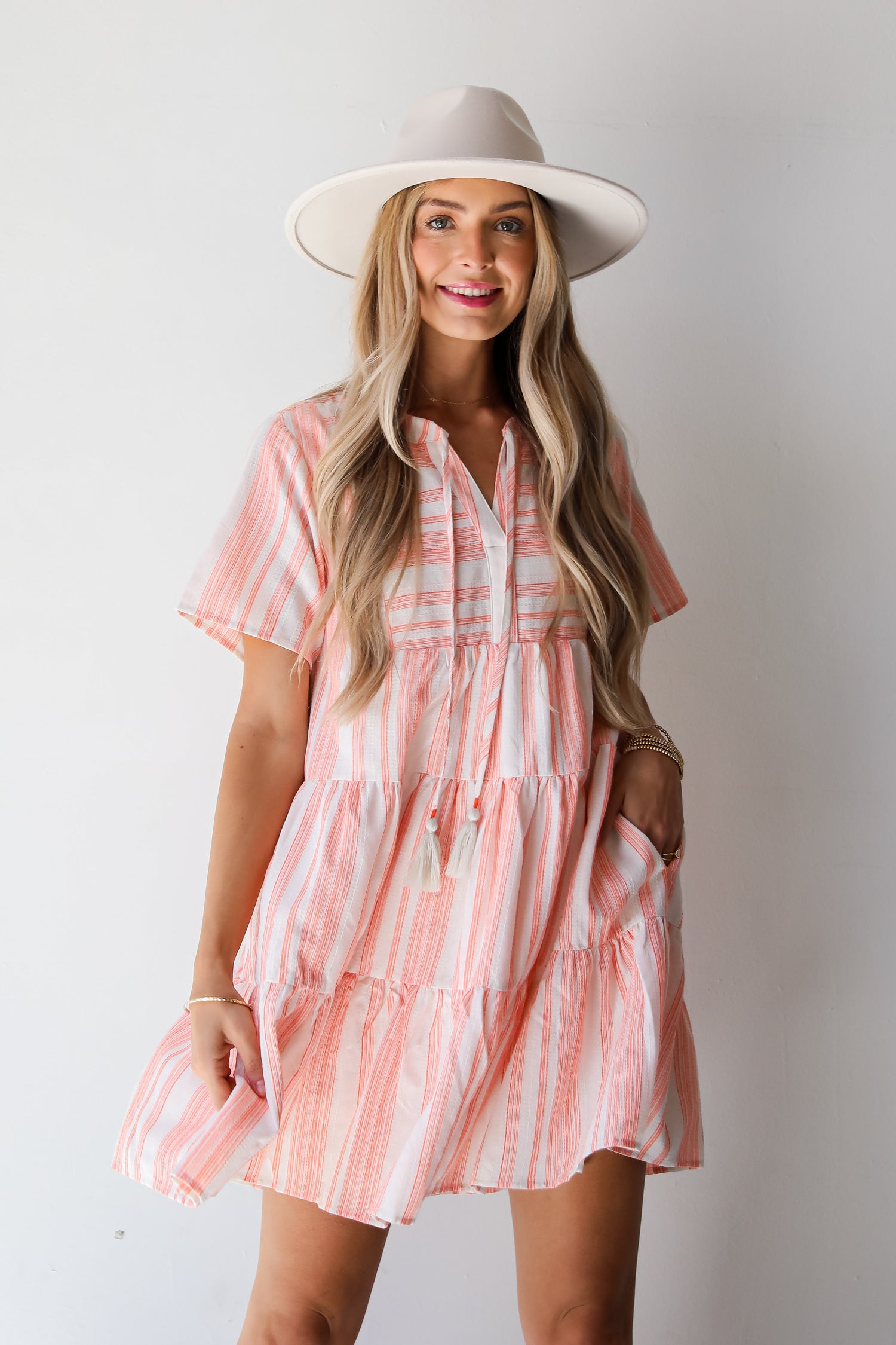 Sweet Tendencies Orange Striped Tiered Mini Dress