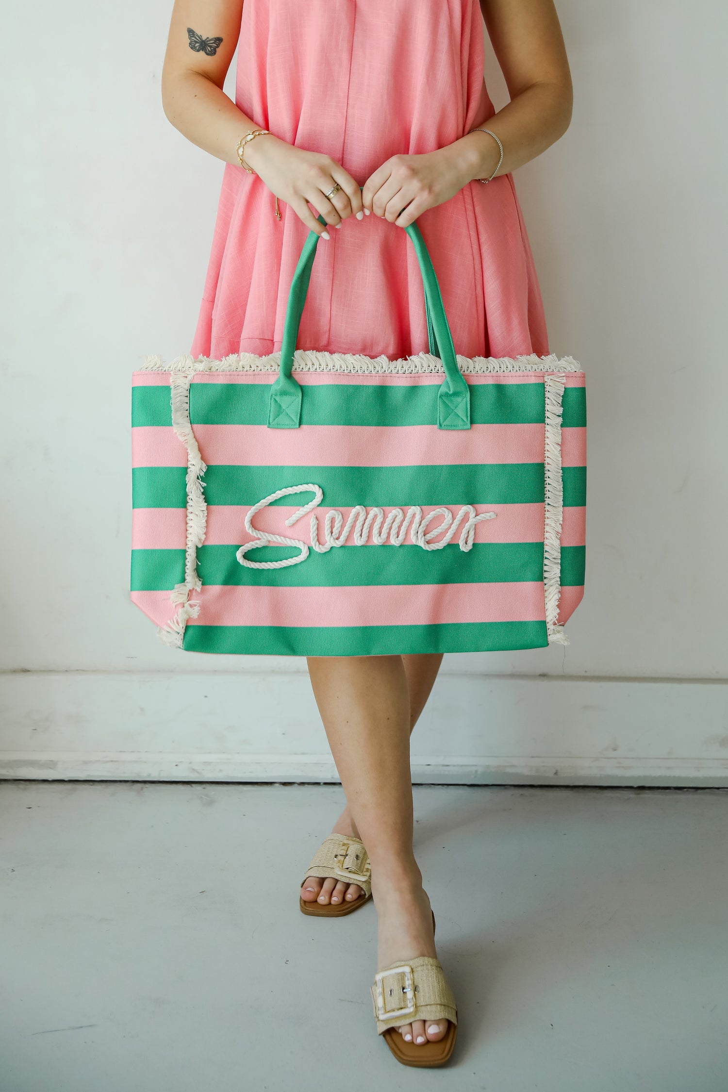 Pink Striped Summer Tote Bag