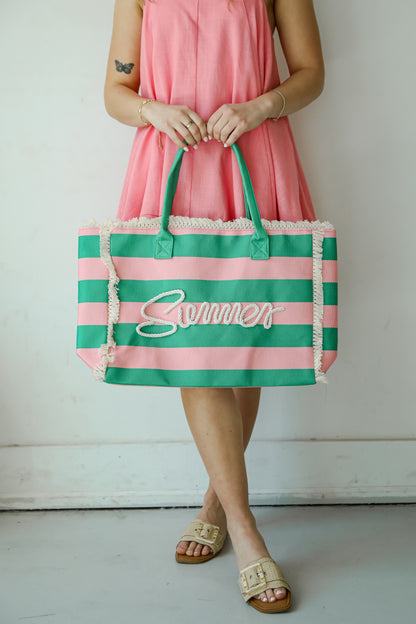 Pink Striped Summer Tote Bag