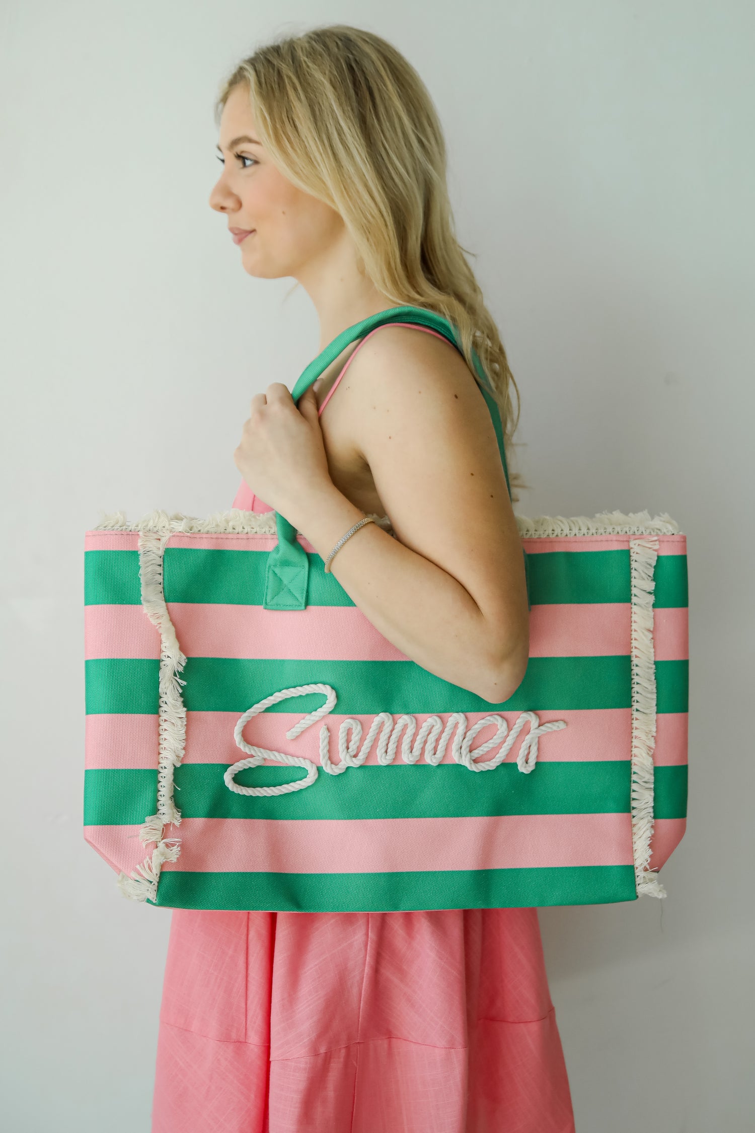 Pink Striped Summer Tote Bag