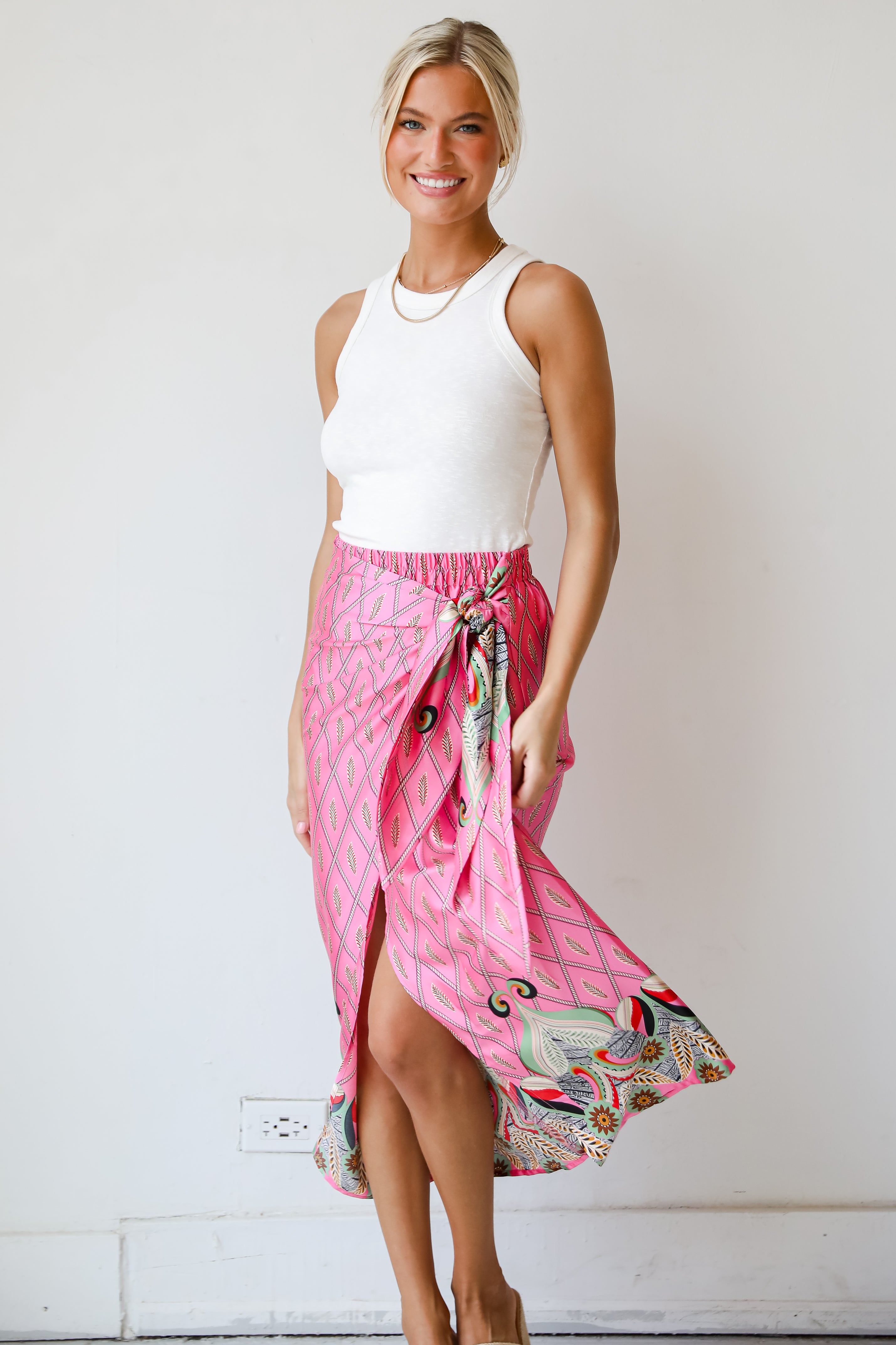 Exceptional Attitude Pink Satin Wrap Midi Skirt