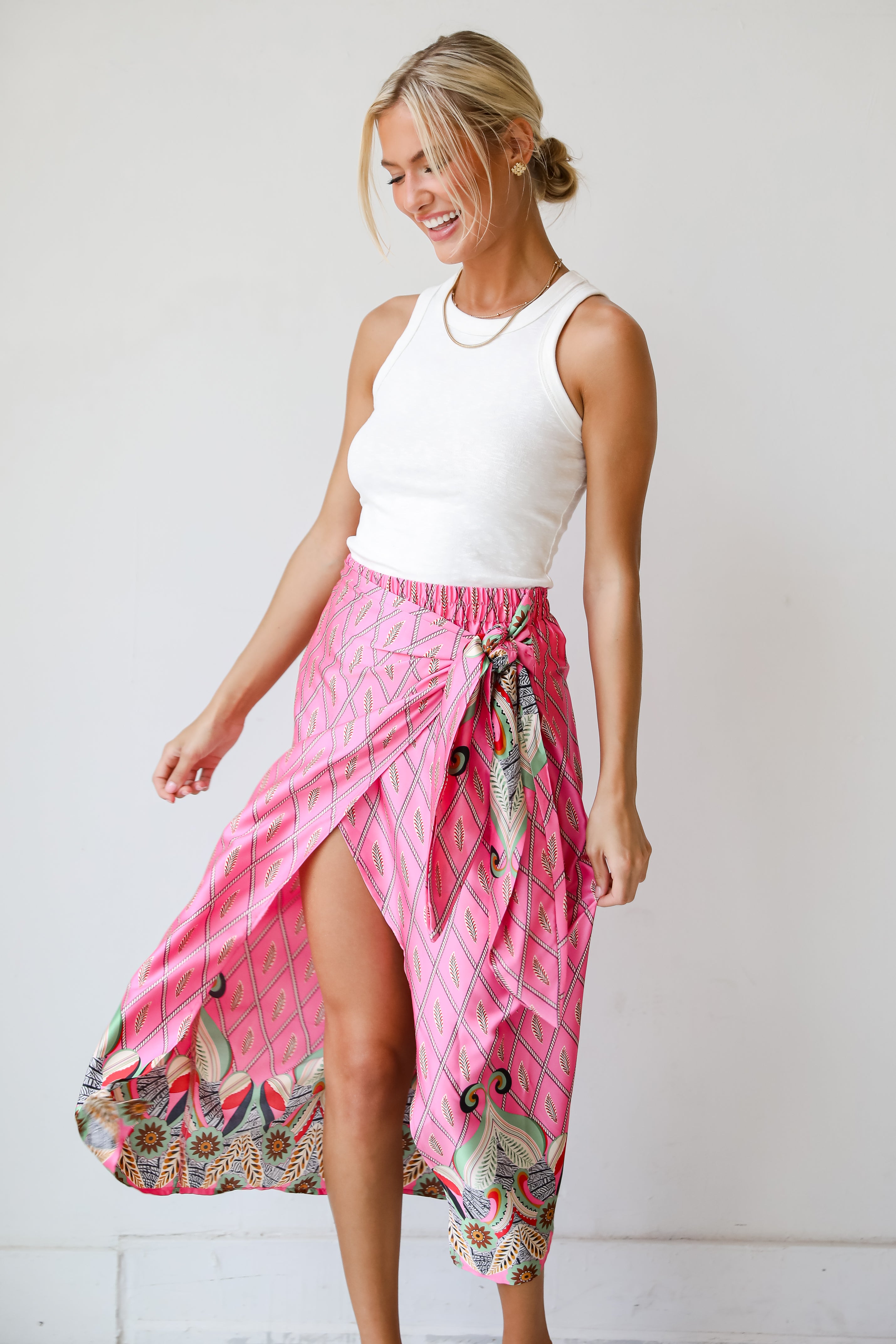 Exceptional Attitude Pink Satin Wrap Midi Skirt