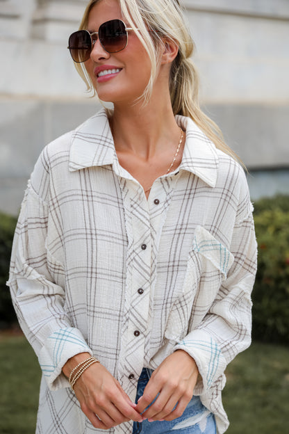 Playful Vibes Plaid Linen Button-Up Blouse