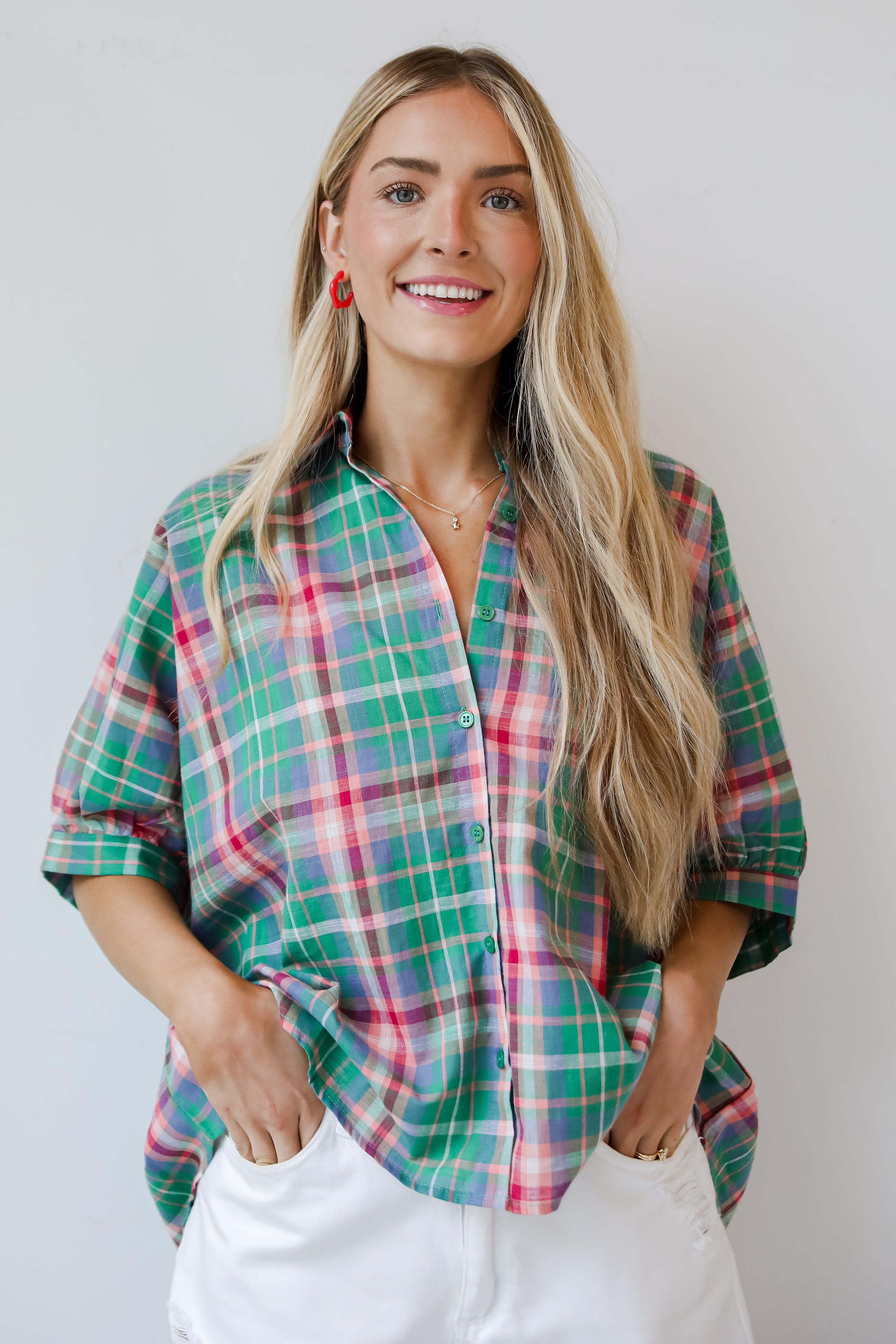 trendy Green Plaid Blouse