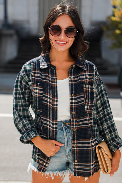 Plaid Color Block Flannel on model