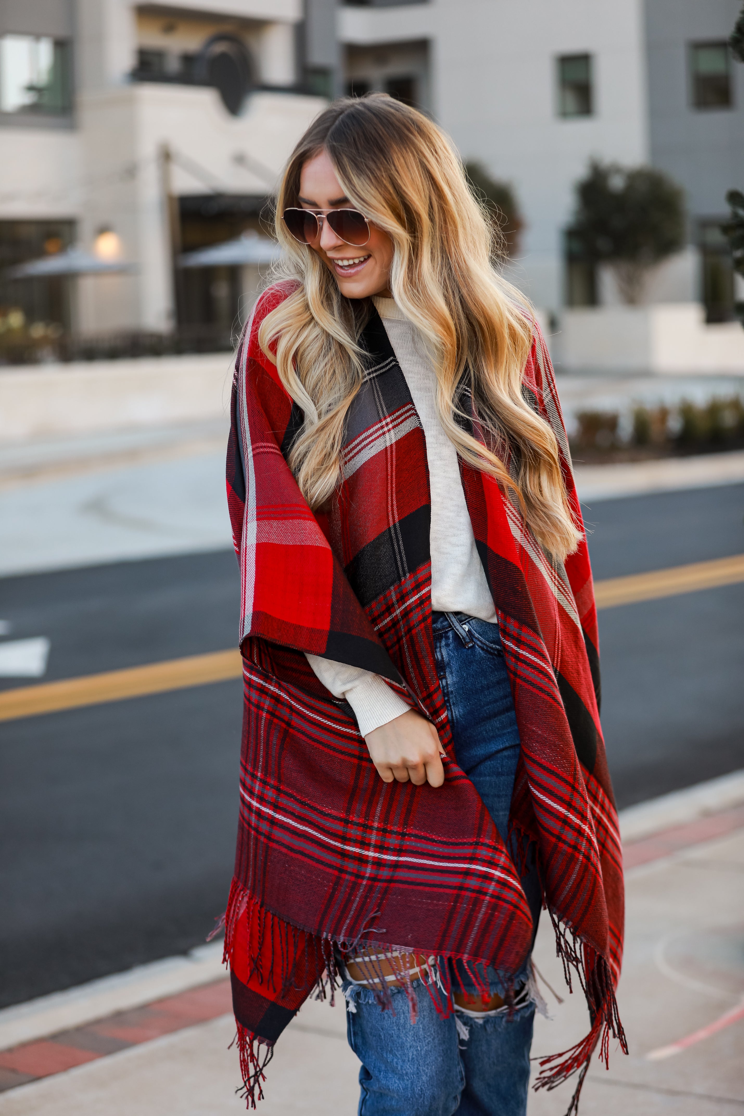 Red Plaid Fringe Shawl