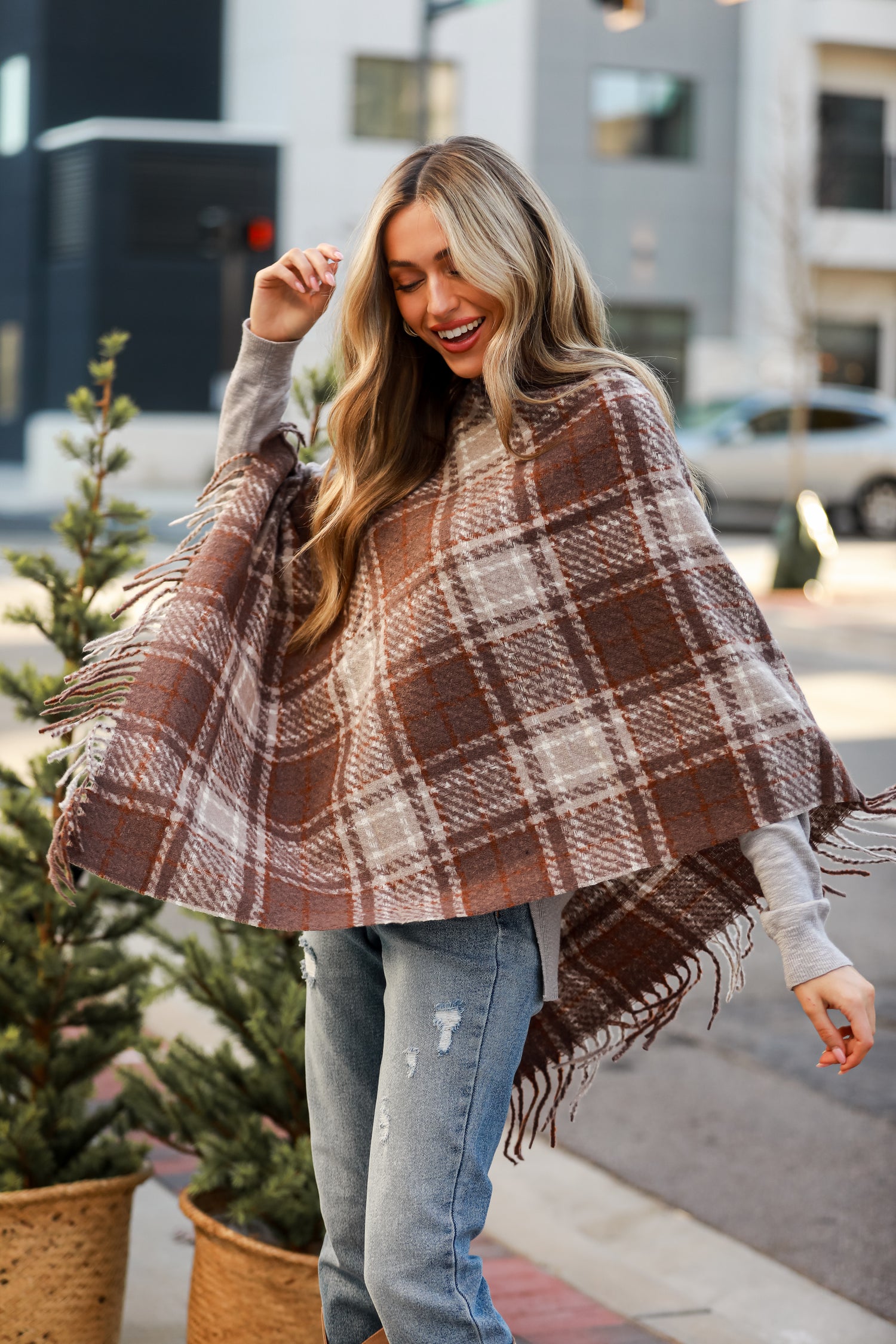 Taupe Plaid Fringe Poncho