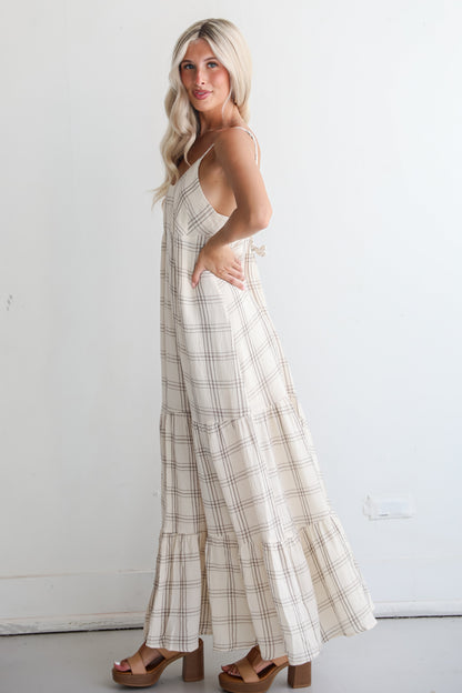 Playful Vibes Grey Plaid Linen Maxi Dress