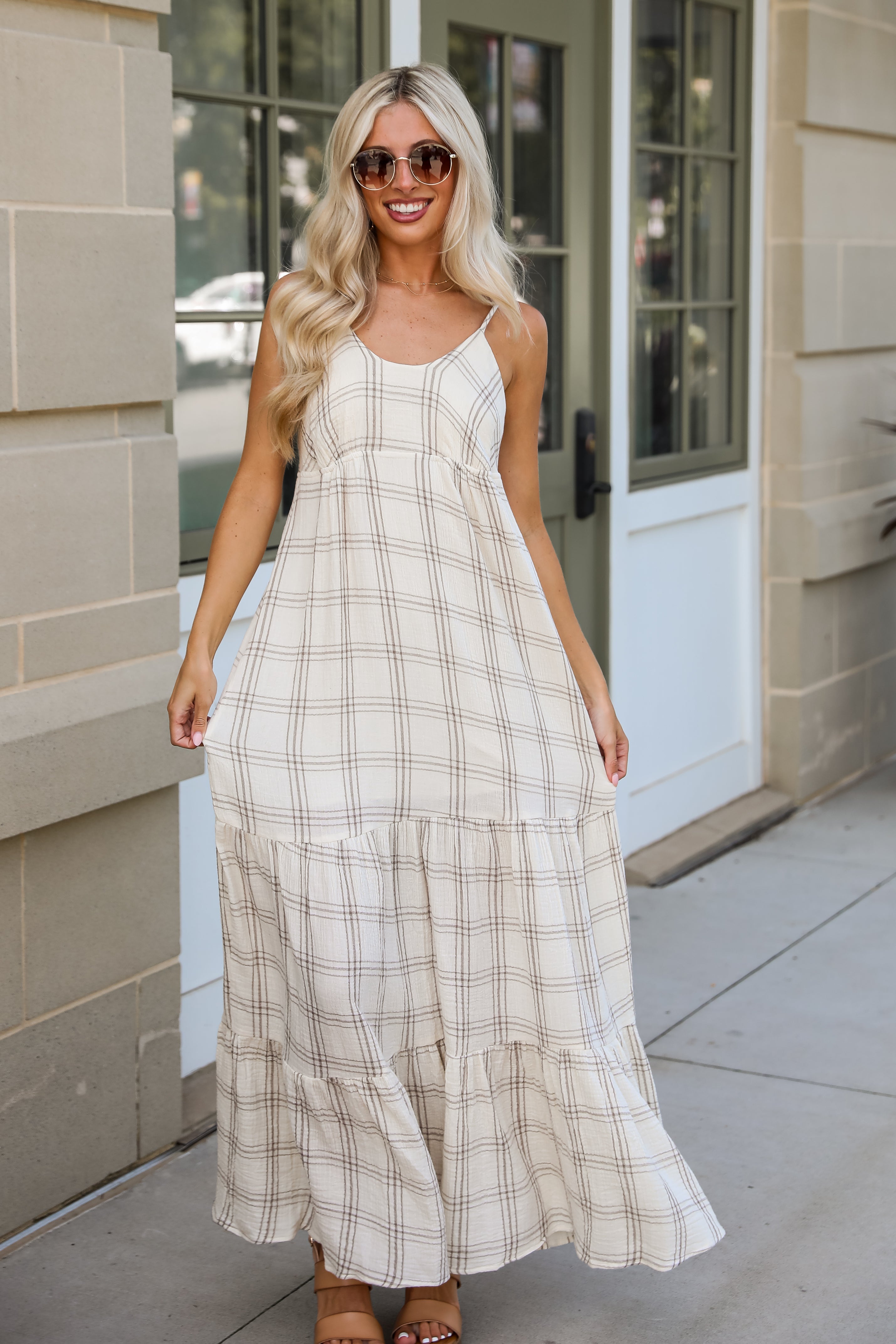 Playful Vibes Grey Plaid Linen Maxi Dress