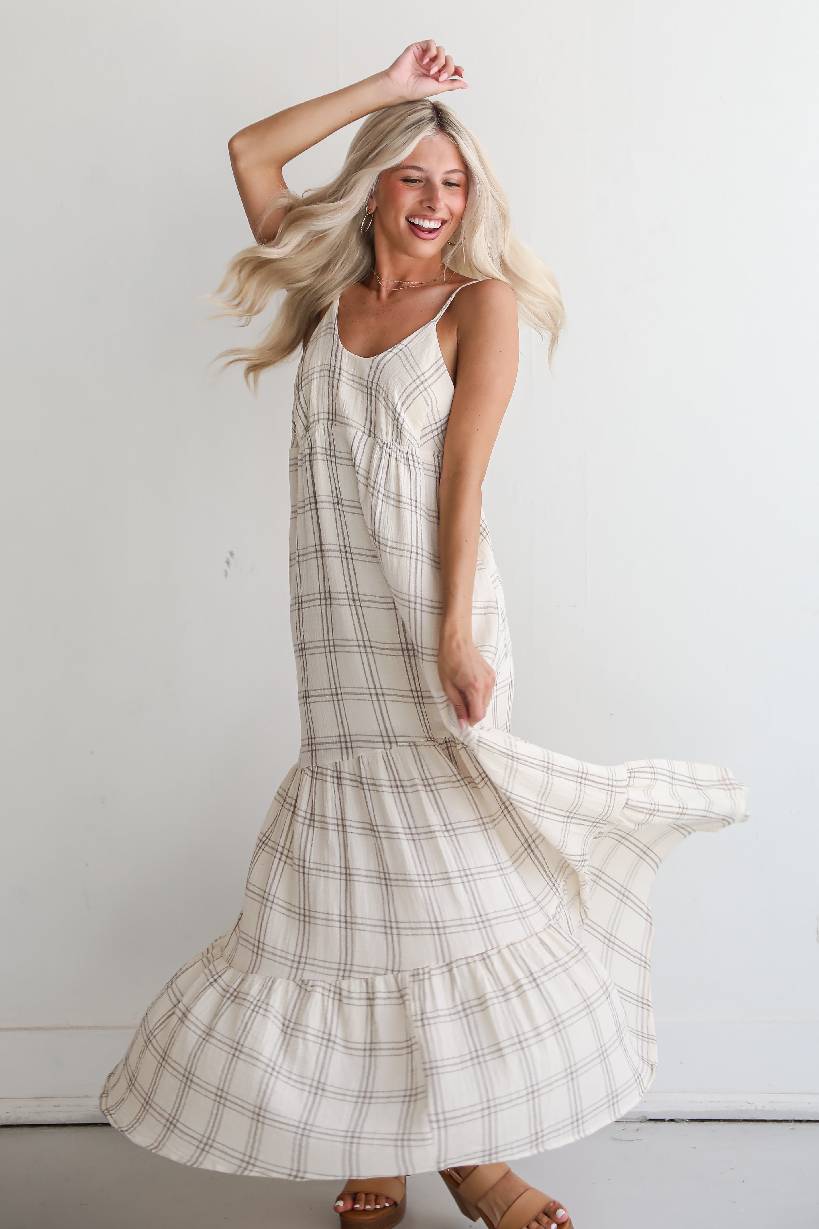 Playful Vibes Grey Plaid Linen Maxi Dress