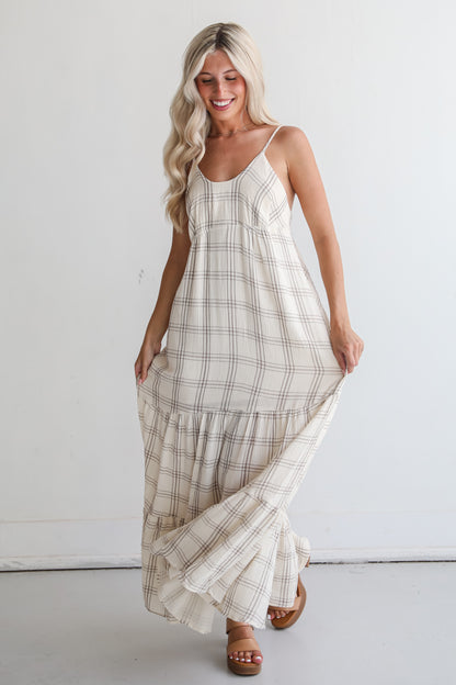 Playful Vibes Grey Plaid Linen Maxi Dress