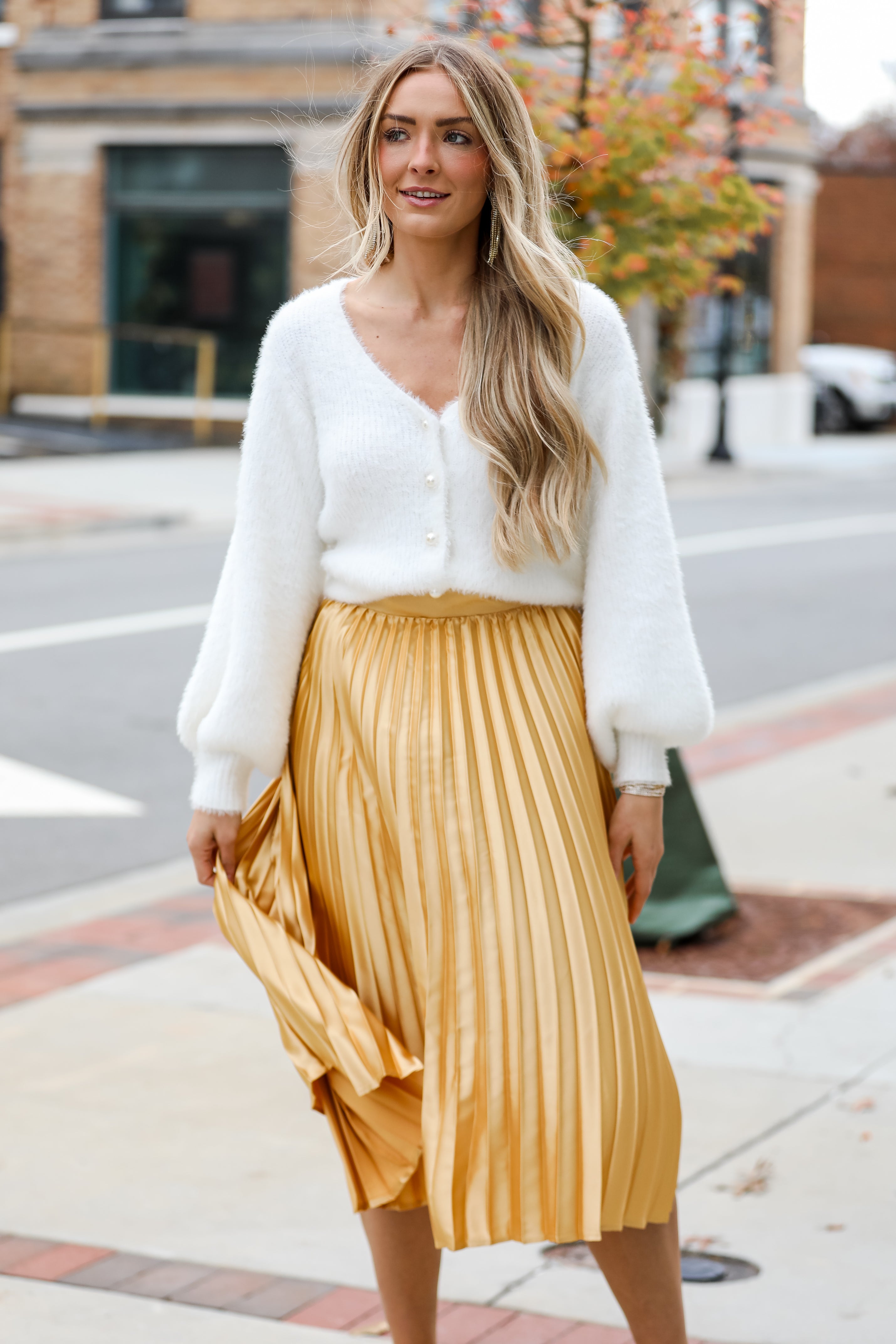 shiny gold Satin Pleated Midi Skirt