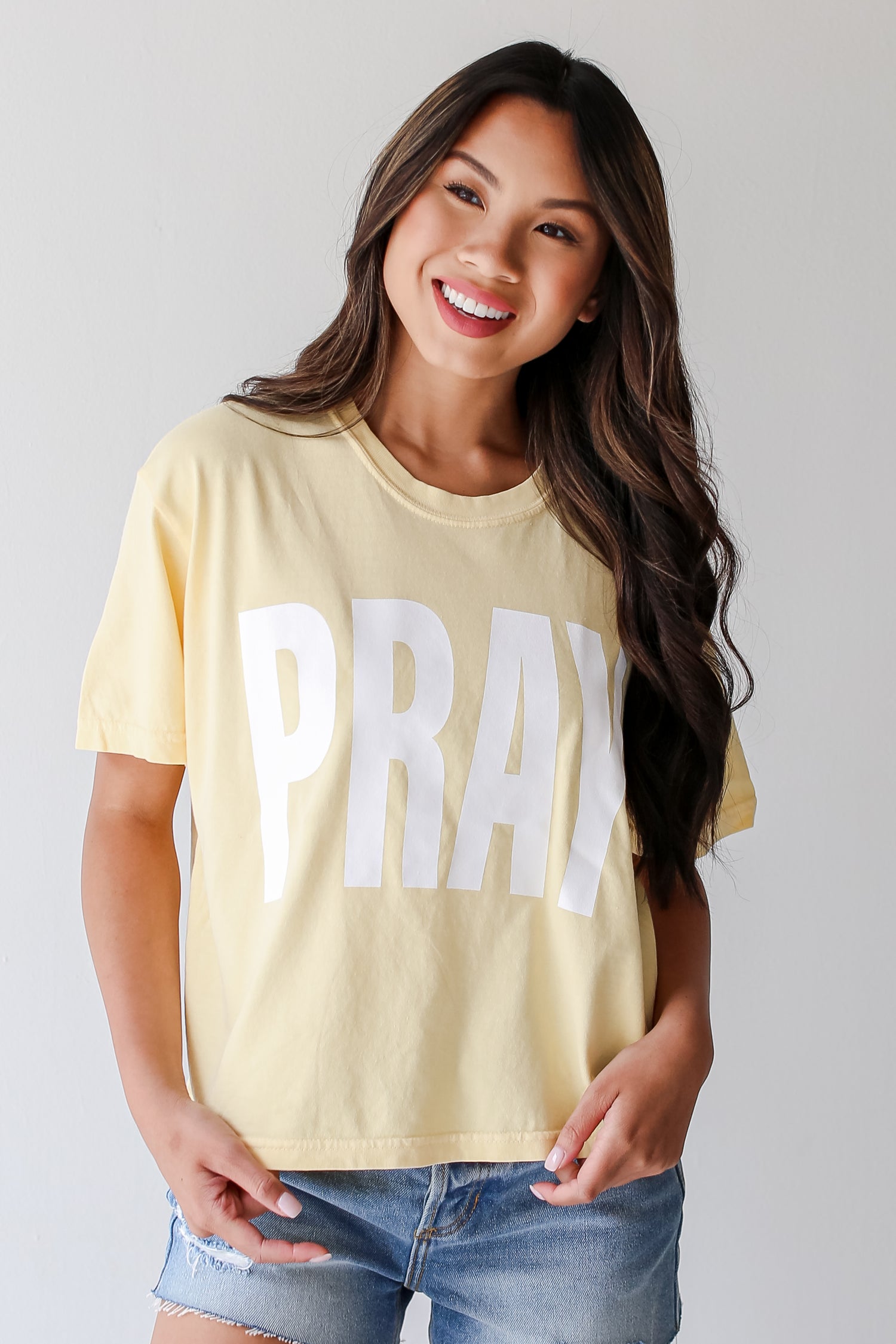 Yellow Pray Cropped Tee close up