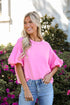 pink Contrast Puff Sleeve Top