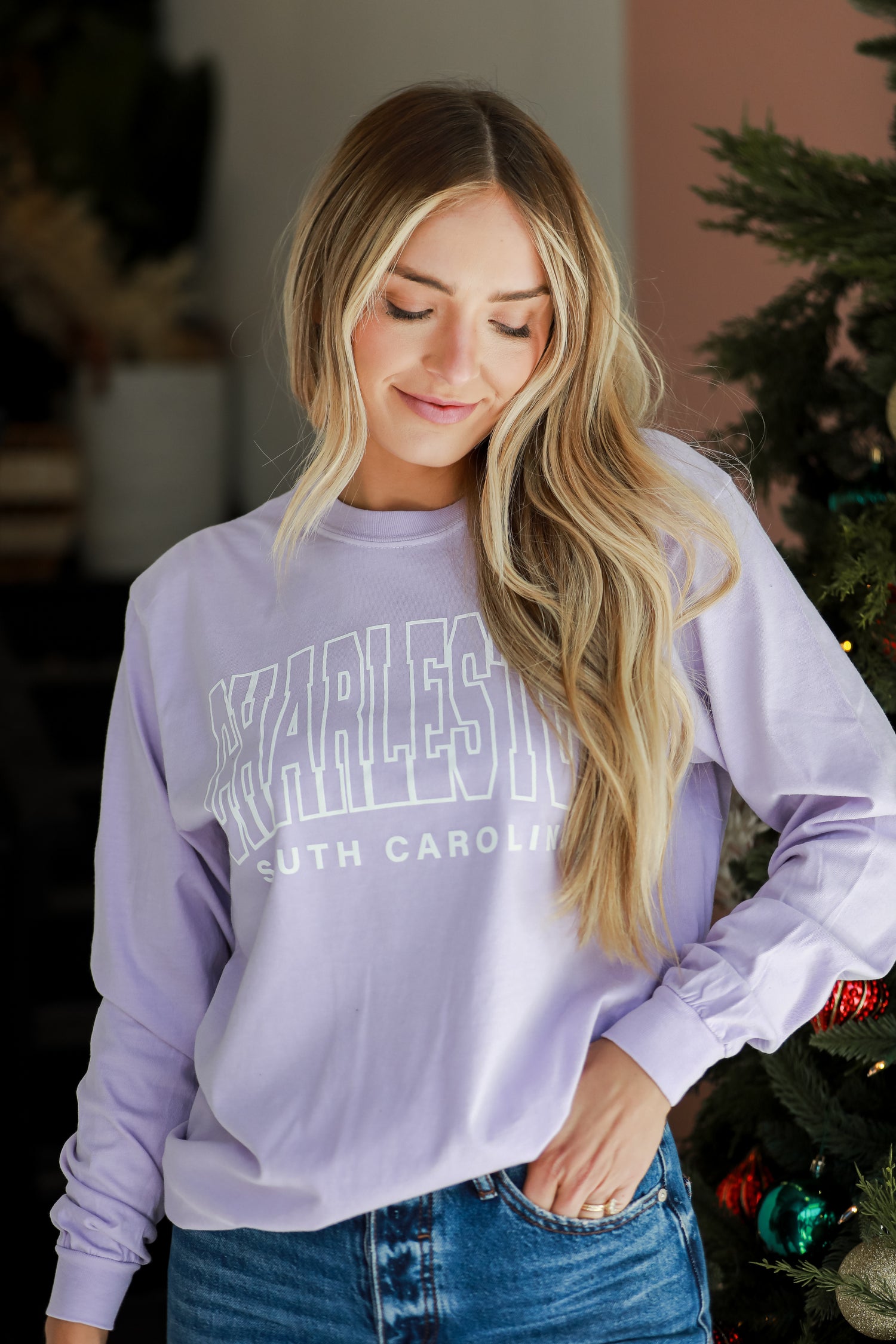 Lavender Charleston South Carolina Long Sleeve Tee on dress up model