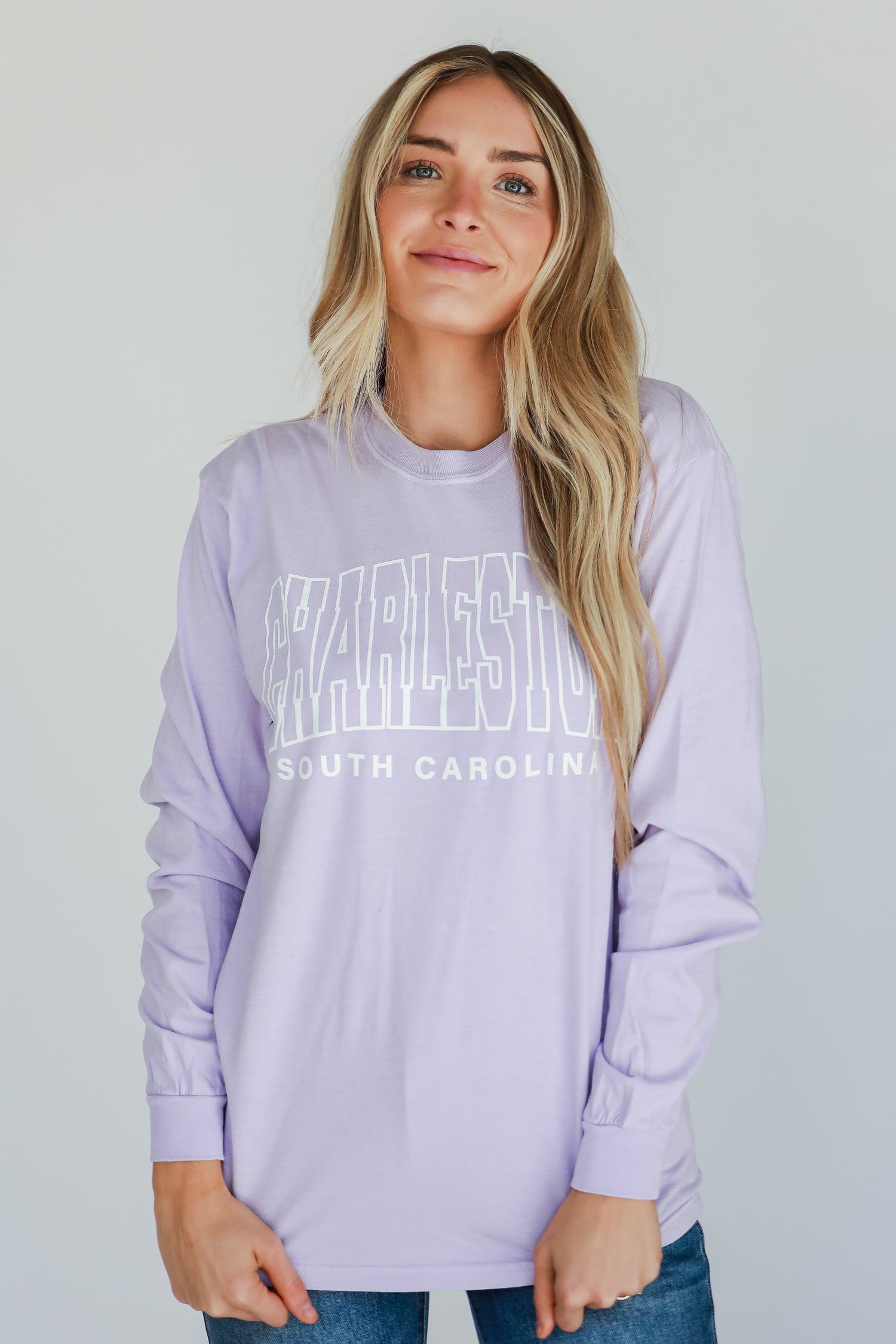 Lavender Charleston South Carolina Long Sleeve Tee untucked