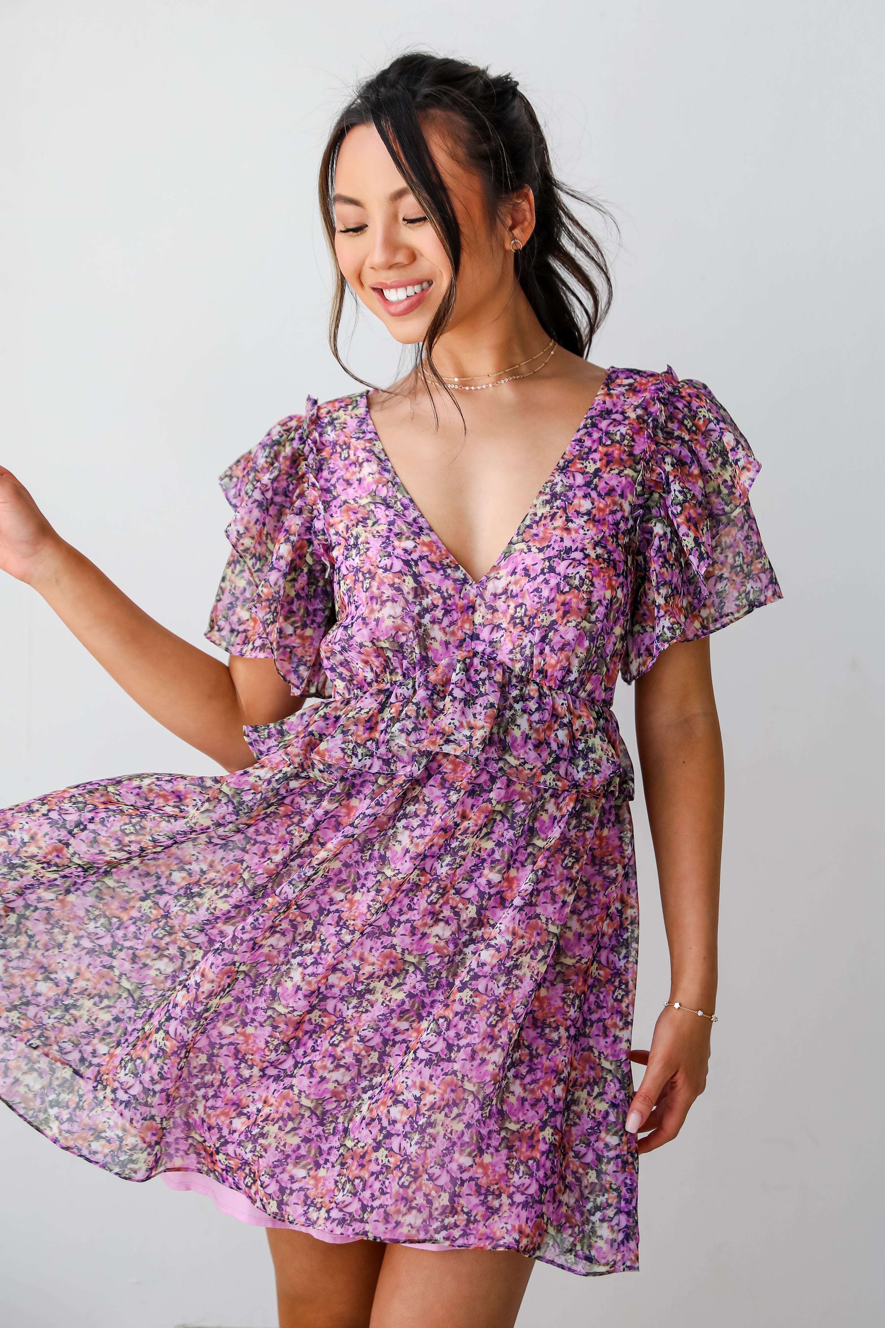 cute Purple Floral Mini Dress