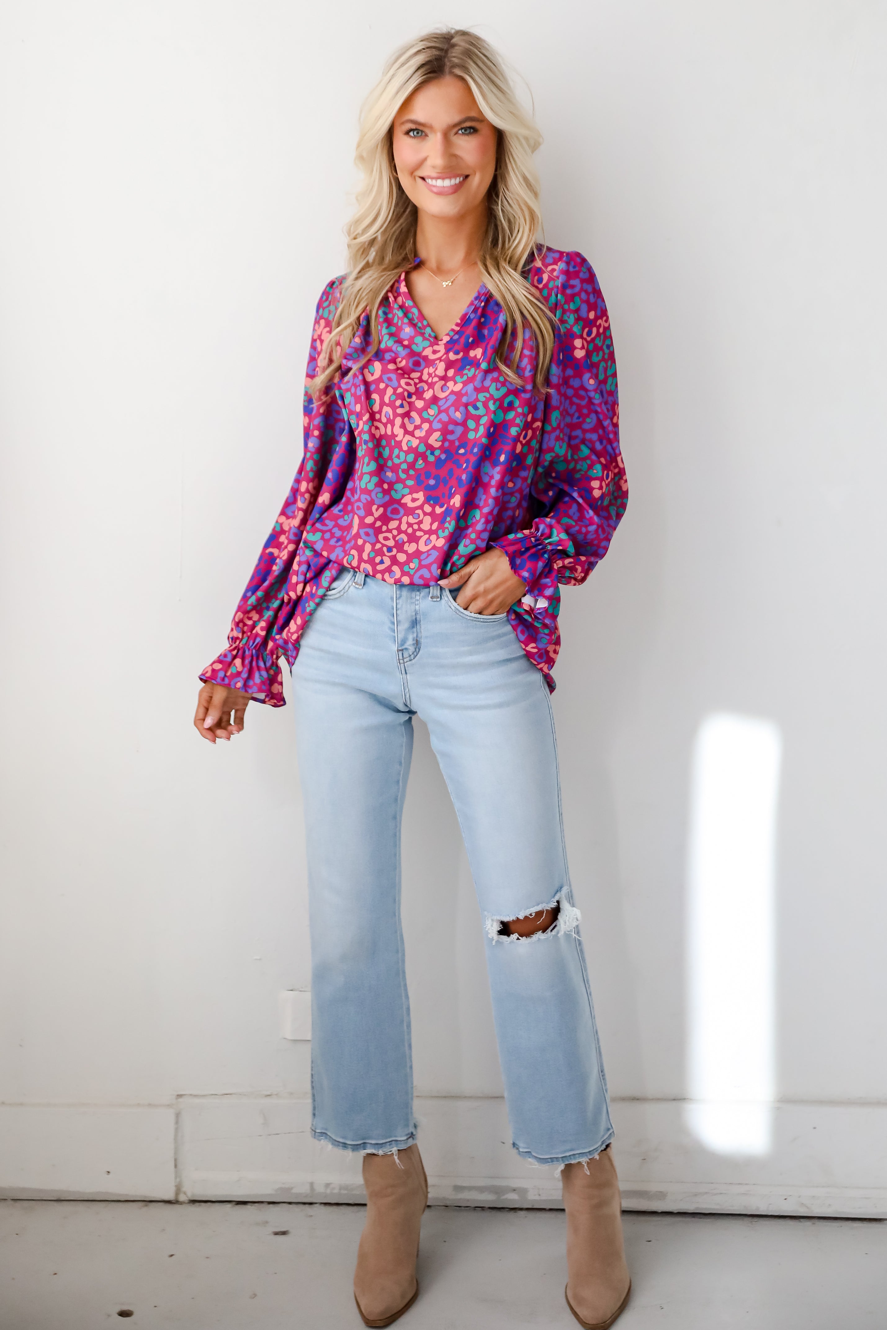 Exemplary Poise Purple Leopard Blouse