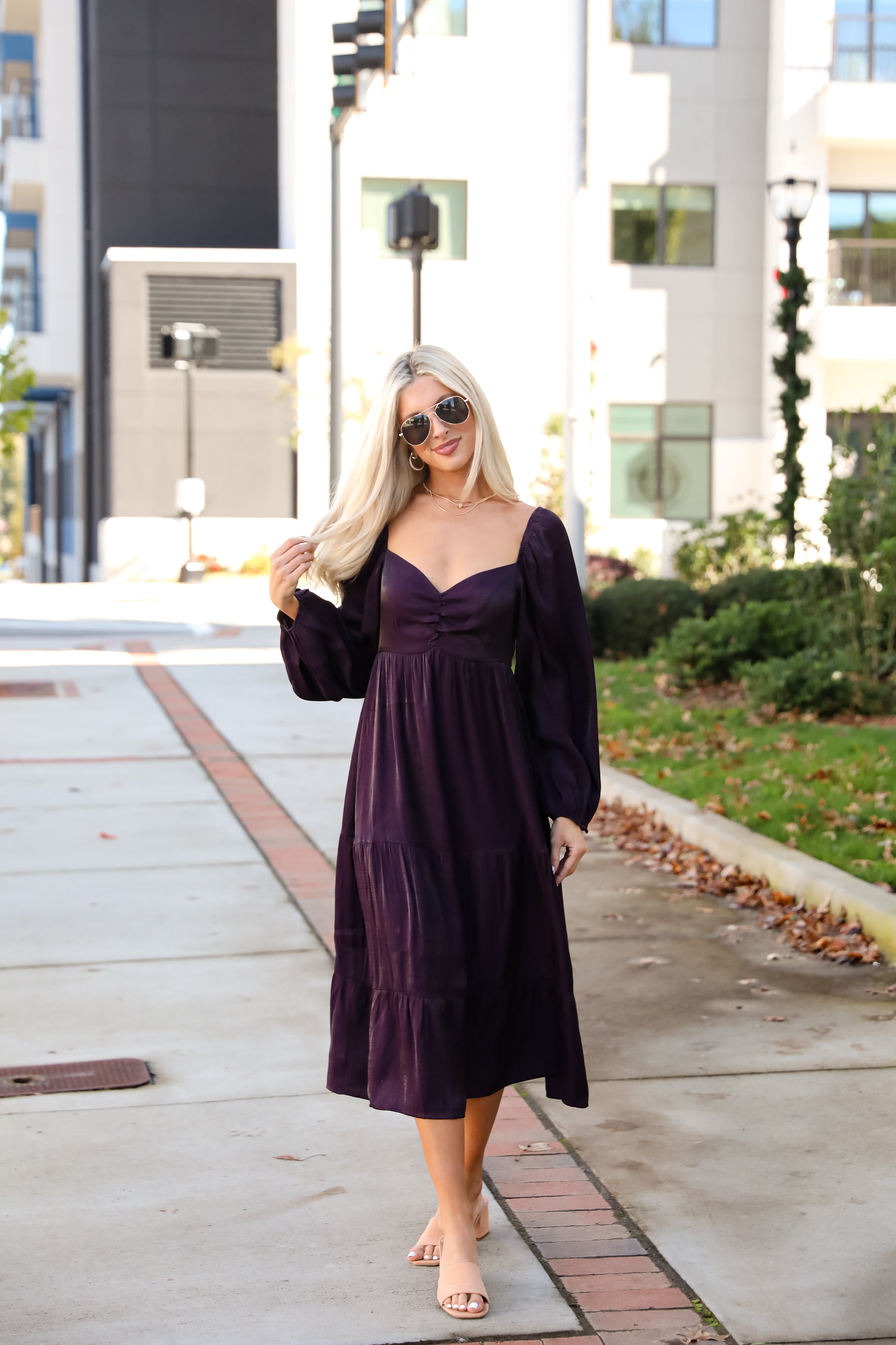 Exquisite Marvel Plum Tiered Midi Dress