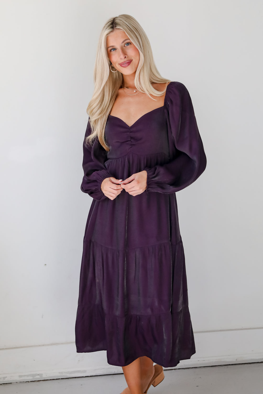 Exquisite Marvel Plum Tiered Midi Dress