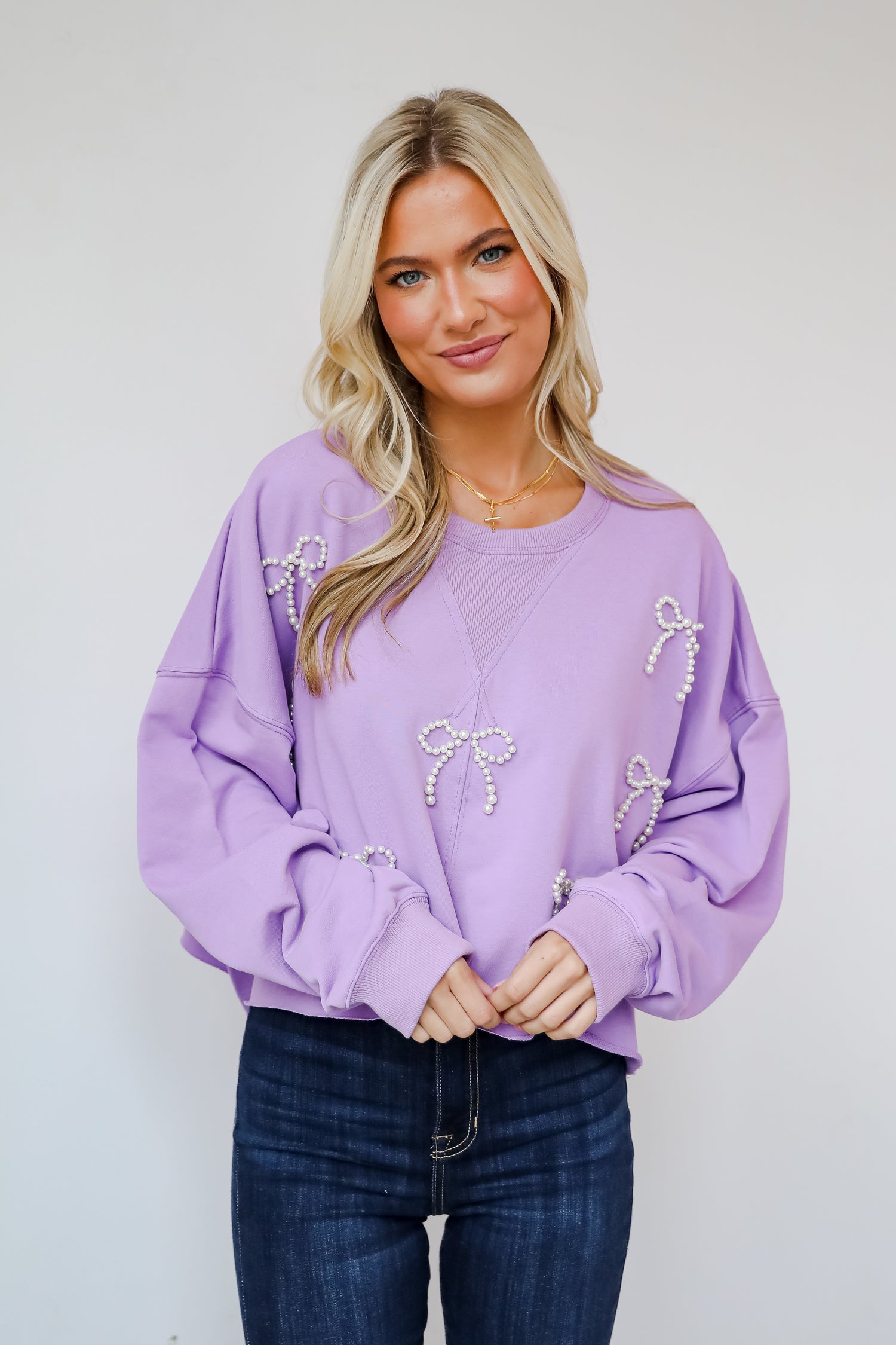 Dazzling Warmth Pearl Bow Cropped Pullover