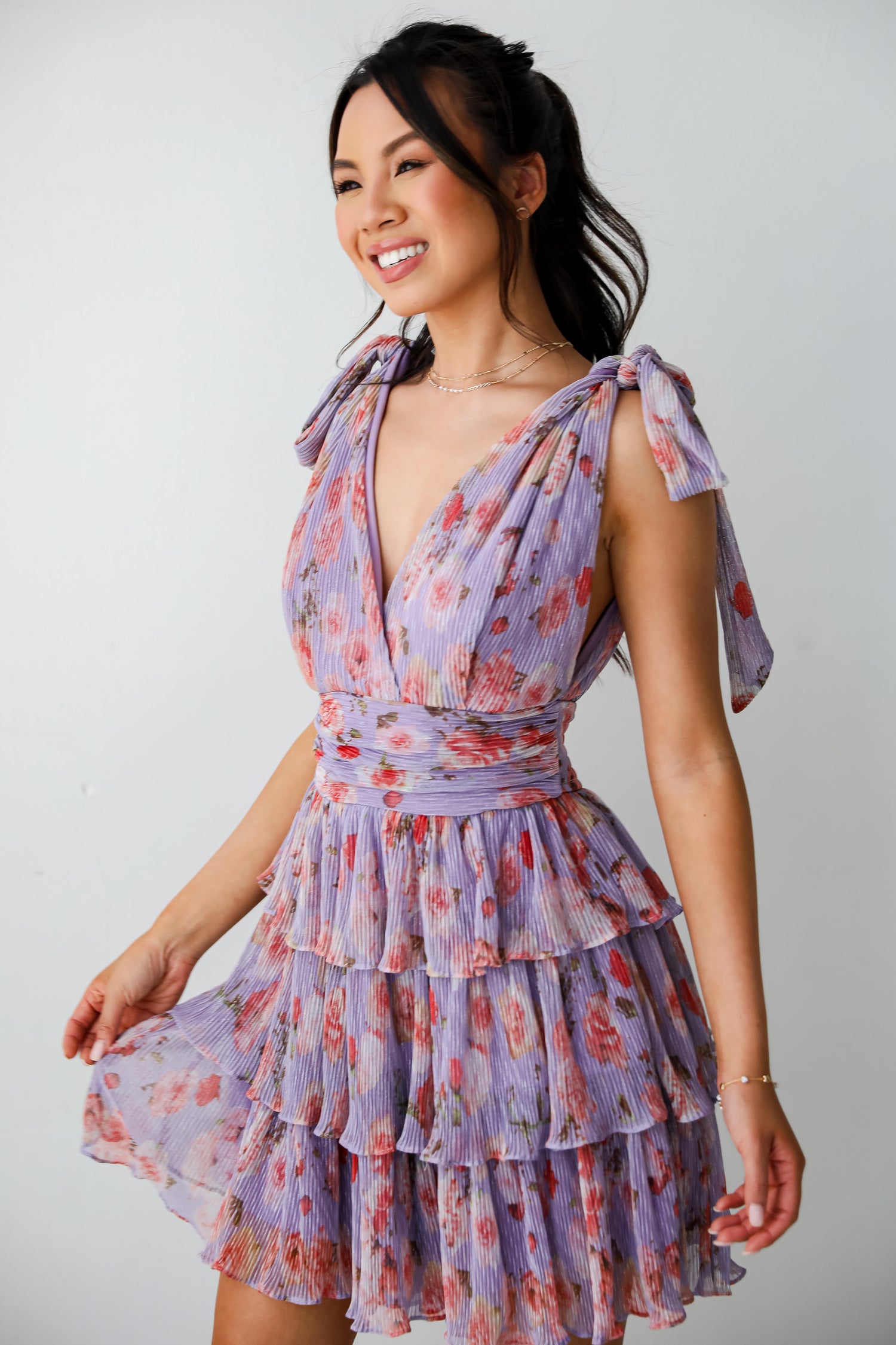 trendy Purple Plisse Floral Tiered Mini Dress